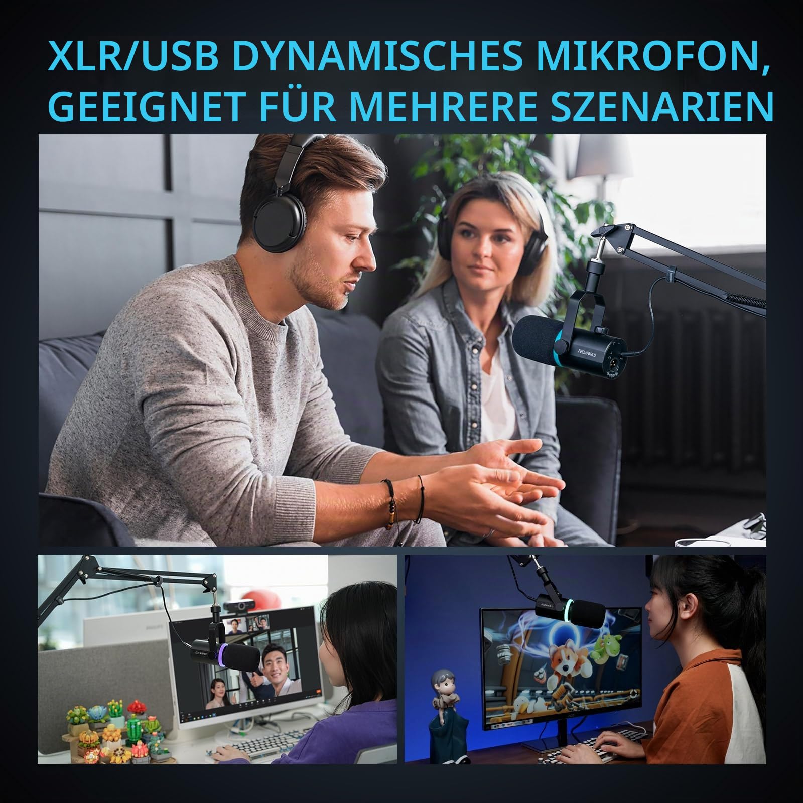 FEELWORLD PM1 XLR USB Dynamisches Mikrofon mit Boom Arm Stand für Podcast Aufnahme PC Computer Gaming Live Streaming Vocal Voice-Over, Studio Metall Mikrofon, RGB Licht, Mute Taste, Kopfhöreranschluss