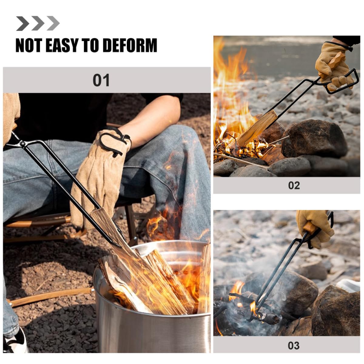 Pinza per Carbone Allungata in Acciaio Manico in Legno, Pinze da Fuoco Leggere e Resistenti per Barbecue e Campeggio, Morsetto per Legna da Ardere e Carbonella per Uso Esterno