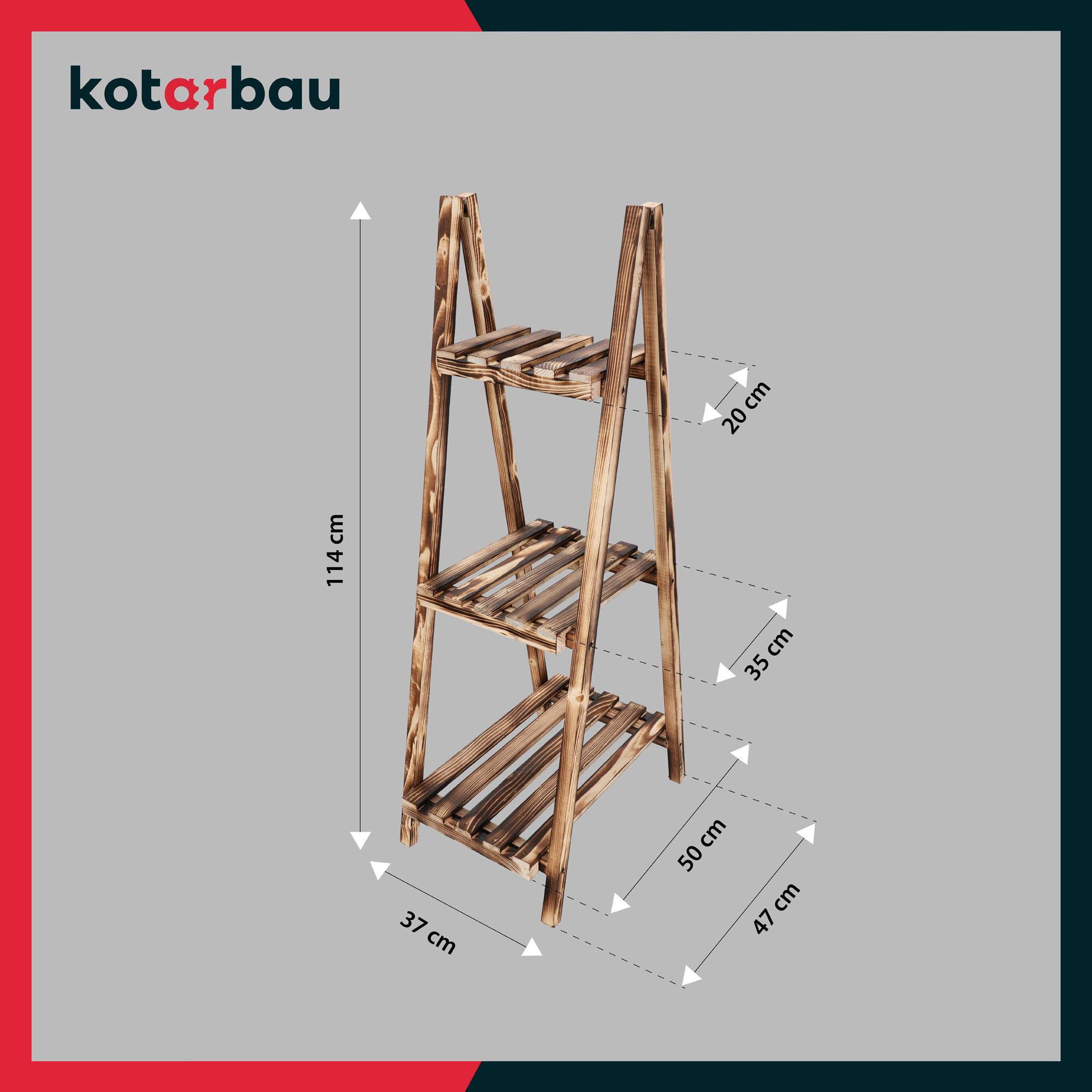 KOTARBAU® Blumentreppe Holz geflammt Blumenleiter Holz 114 x 37 x 50 cm Braun Pflanzleiter Outdoor & Indoor Blumentreppe klappbar Blumenleiter Balkon Blumenregal