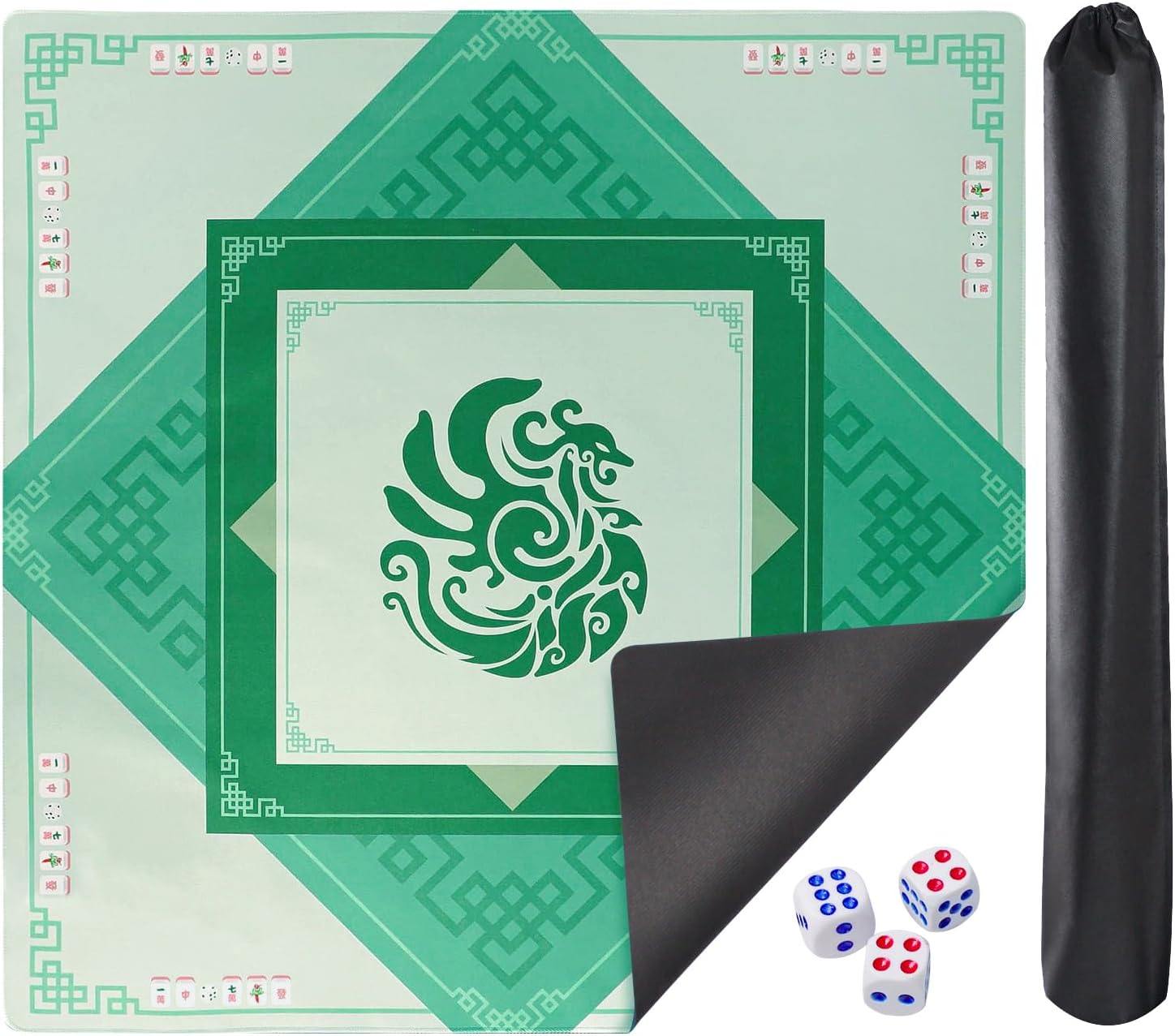 Mahjong Mat with 3 Dice, Noise Reduction Rubber Table Cover for Mahjong, Poker, Card, Board & Tile Games (Green, 31.5 inches)