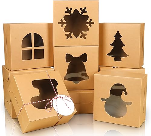 Vista 25 de COTOPHER 18 cajas de galletas de Navidad con ventana, cajas blancas de panadería de 4 x 4 x 2.5 pulgadas para regalo, mini cajas de pastel