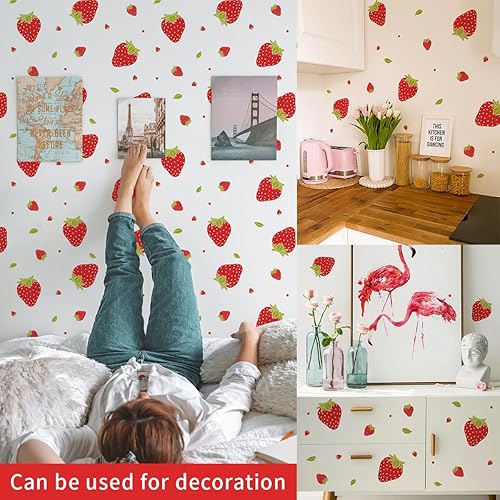 Miniatura 3 de 4 hojas de 92 piezas de calcomanías de pared de fresas de frutas frescas, calcomanías de pared para despegar y pegar, papel tapiz de pared de hojas