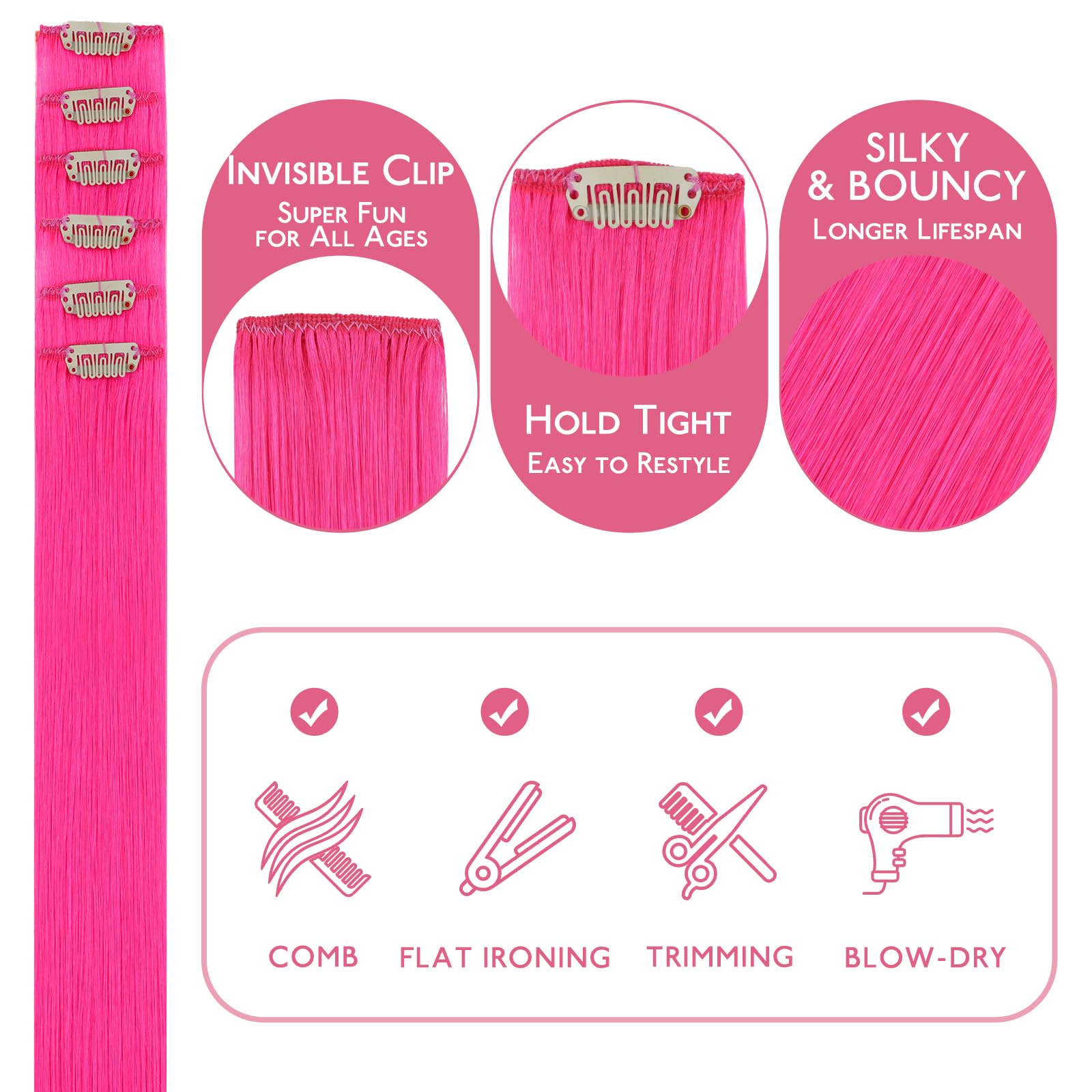 WENNALIFE Hot Pink Clip in Hair Extensions Real Human Hair 30g 6pcs 24 Inch Colored Extensions for Kids Women Colorful Hair Pieces Pop-up Style Straight De Cabello Humano Con Clip - Image 3