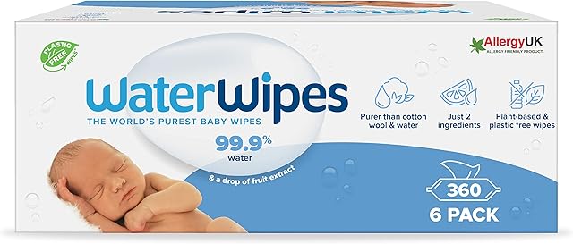 WaterWipes Original Plastic Free Baby Wipes, 360 Count (6 packs), 99.9% Water Based Wet Wipes & Unscented for Sensitive Skin