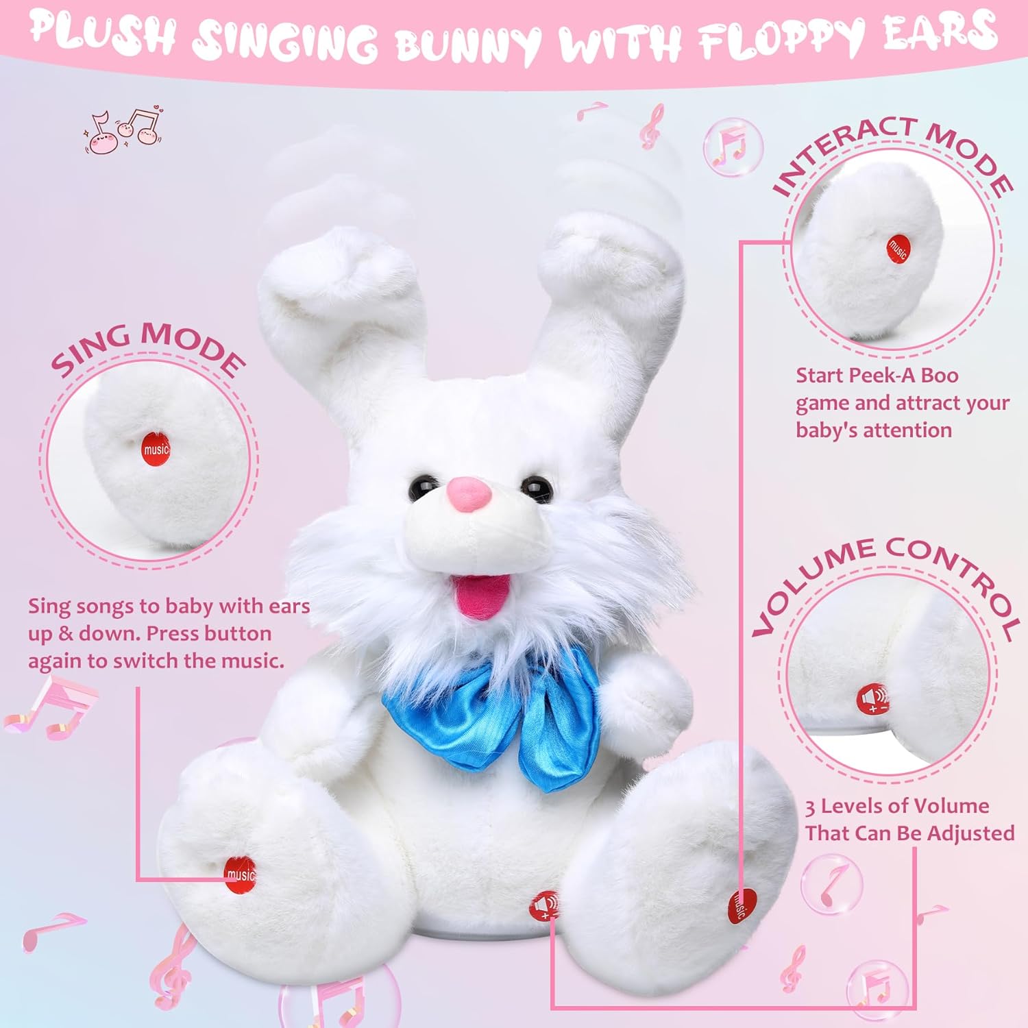 MIAODAM Peek A Boo Bunny Stuffed Animal, Singing Baby Toys for Kids, Children Song & Lullabies Easter Bunny Rabbit Repeats What You Say, Bunny Baby Toys 6-12 Months Talking Singing with Floppy Ears