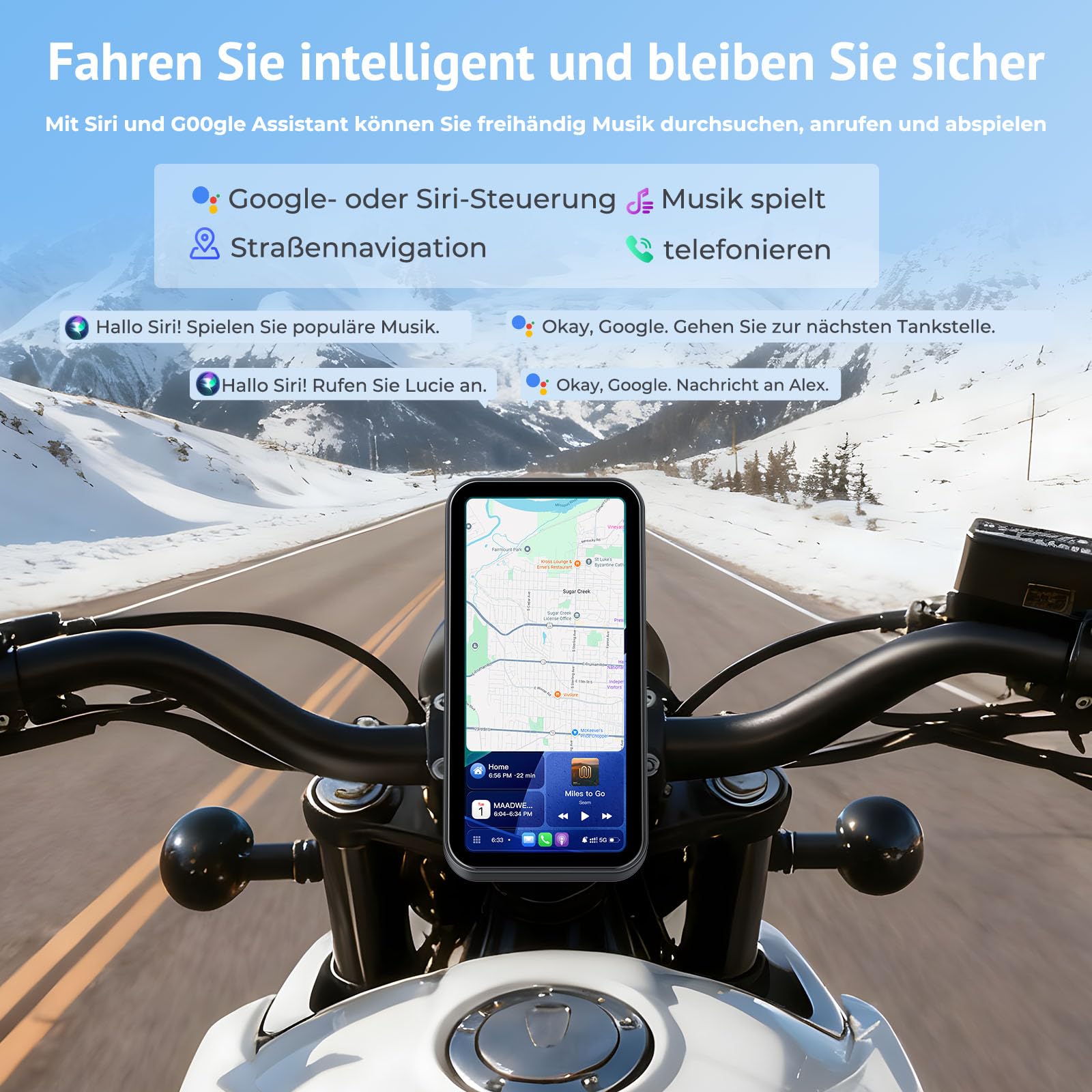 W622 Motorrad kabelloses CarPlay Display 6,25" Touchscreen,kompatibel mit Apple CarPlay & Android Auto,Navi, Sprachsteuerung,IP67 wasserdicht,TPMS,Dual Bluetooth,USB/Acc Stromversorgung