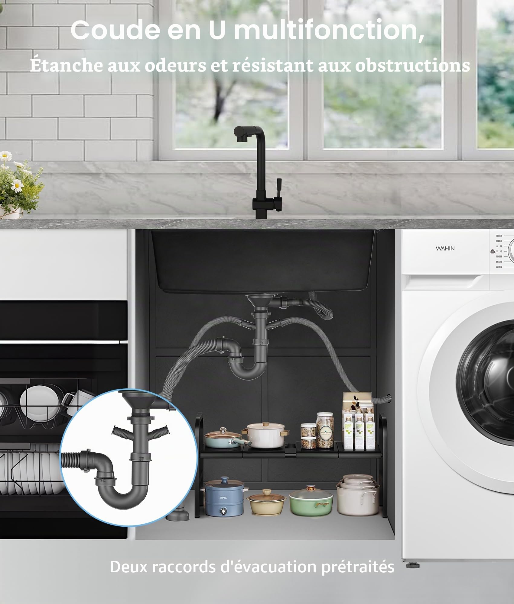 Évier de Cuisine Noir en Granit, Evier Cuisine 1 Bac 70 x 45 cm, Avec Bac Intérieur de Rechange et Vidange, Évier Cuisine Adaptable aux Meubles Bas à Partir de 80 cm de Largeur