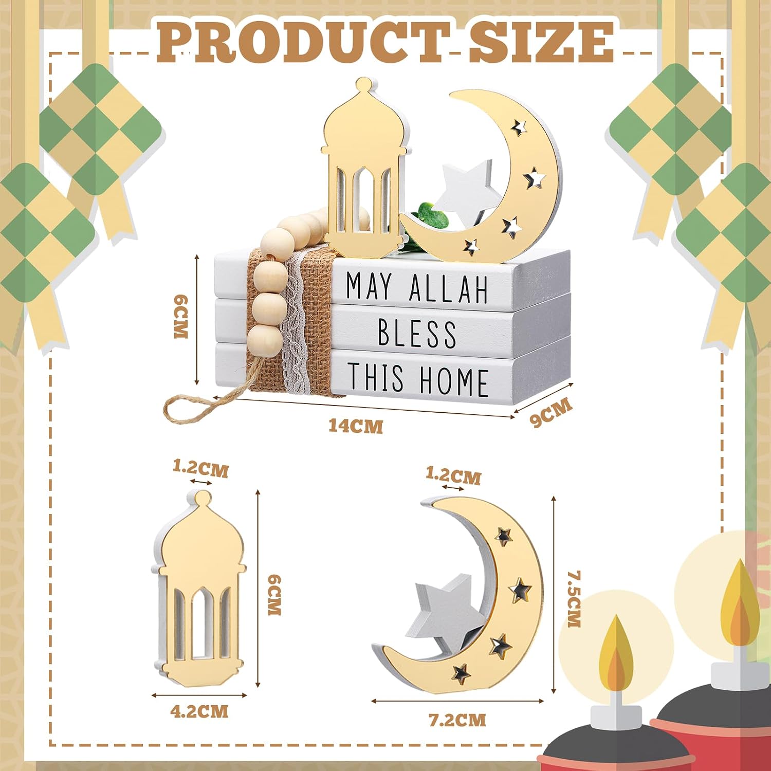 Blulu Islamic Wooden Tiered Tray Decor White Book Stack Golden Moon and Beads Start with Bismillah End with Alhamdulillah for Farmhouse Eid Muslim Ramadan Home Tabletop Art Decor (Bless This Home)