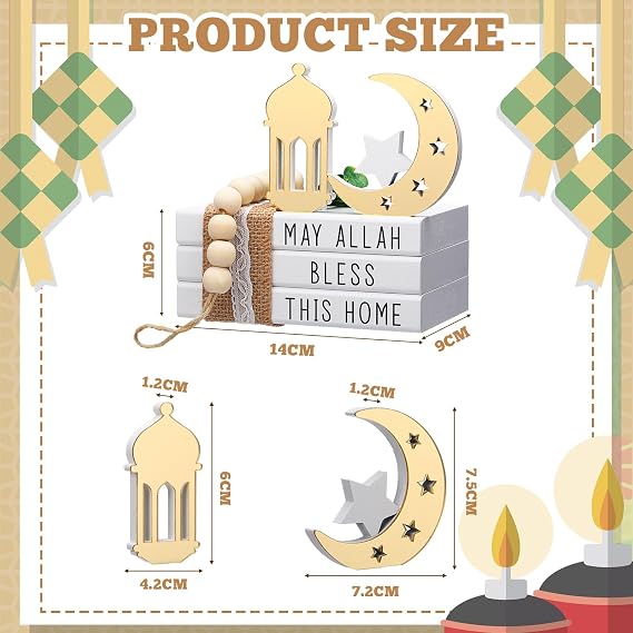 Blulu Islamic Wooden Tiered Tray Decor White Book Stack Golden Moon and Beads Start with Bismillah End with Alhamdulillah for Farmhouse Eid Muslim Ramadan Home Tabletop Art Decor (Bless This Home)