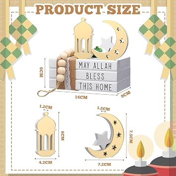 Blulu Islamic Wooden Tiered Tray Decor White Book Stack Golden Moon and Beads Start with Bismillah End with Alhamdulillah for Farmhouse Eid Muslim Ramadan Home Tabletop Art Decor (Bless This Home)