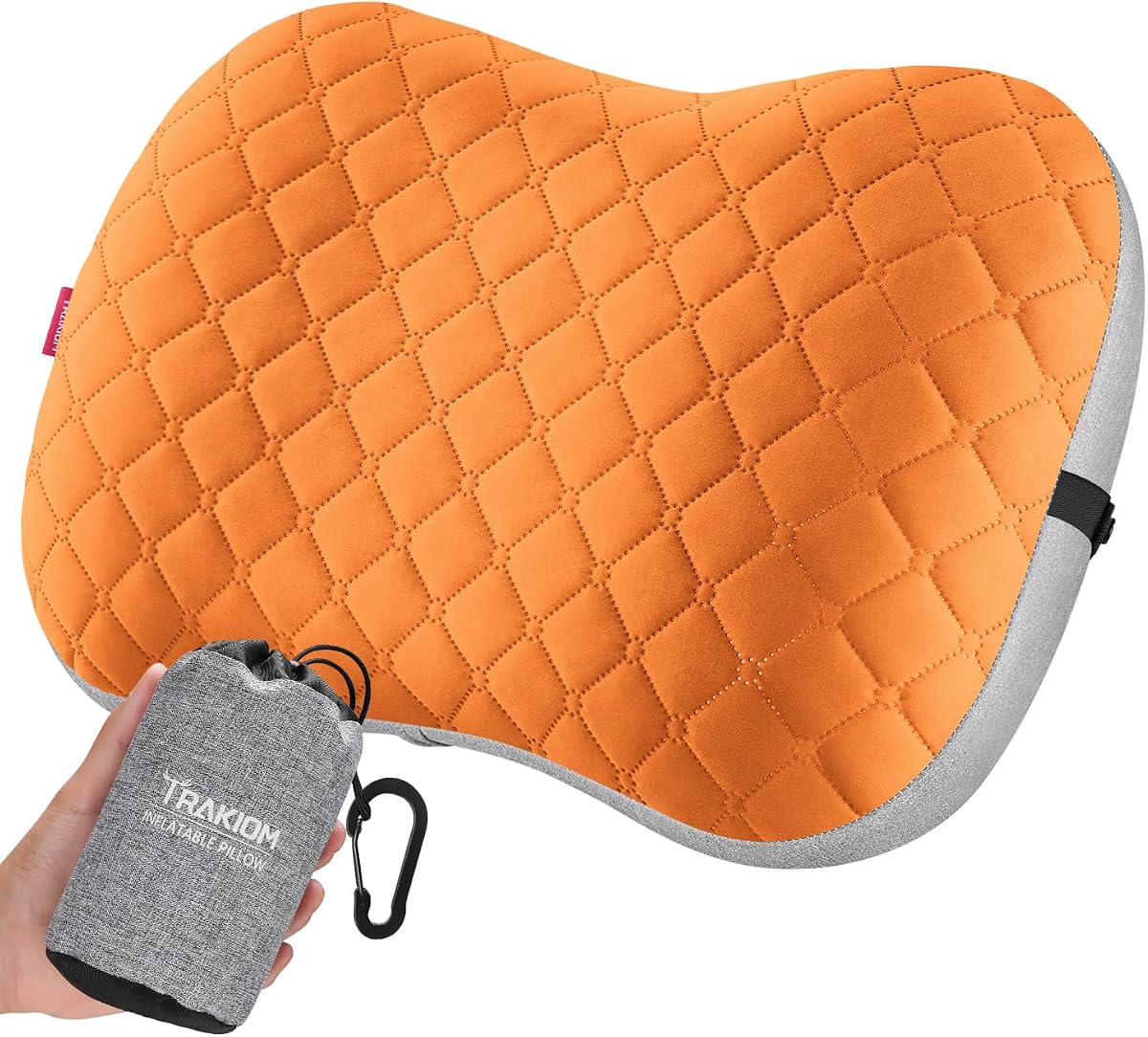 Inflatable Camping Pillow with Carabiner, Air Travel Pillow | Removable Washable Cover, Ultralight Ergonomic Neck & Lumbar Support, for Backpacking Hiking Airplanes Beach Sleep