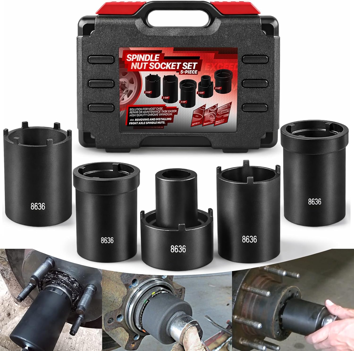 Spindle Nut Socket Tool Kit 5 Pcs Axle Hub Lock Nut Socket Set 1/2” Drive Wheel Drive Spindle Nut Remover Installer for Ford Dana 50/60, Chevy, and Dodge, Replace# 648636 Lug Out Spindle Socket Set