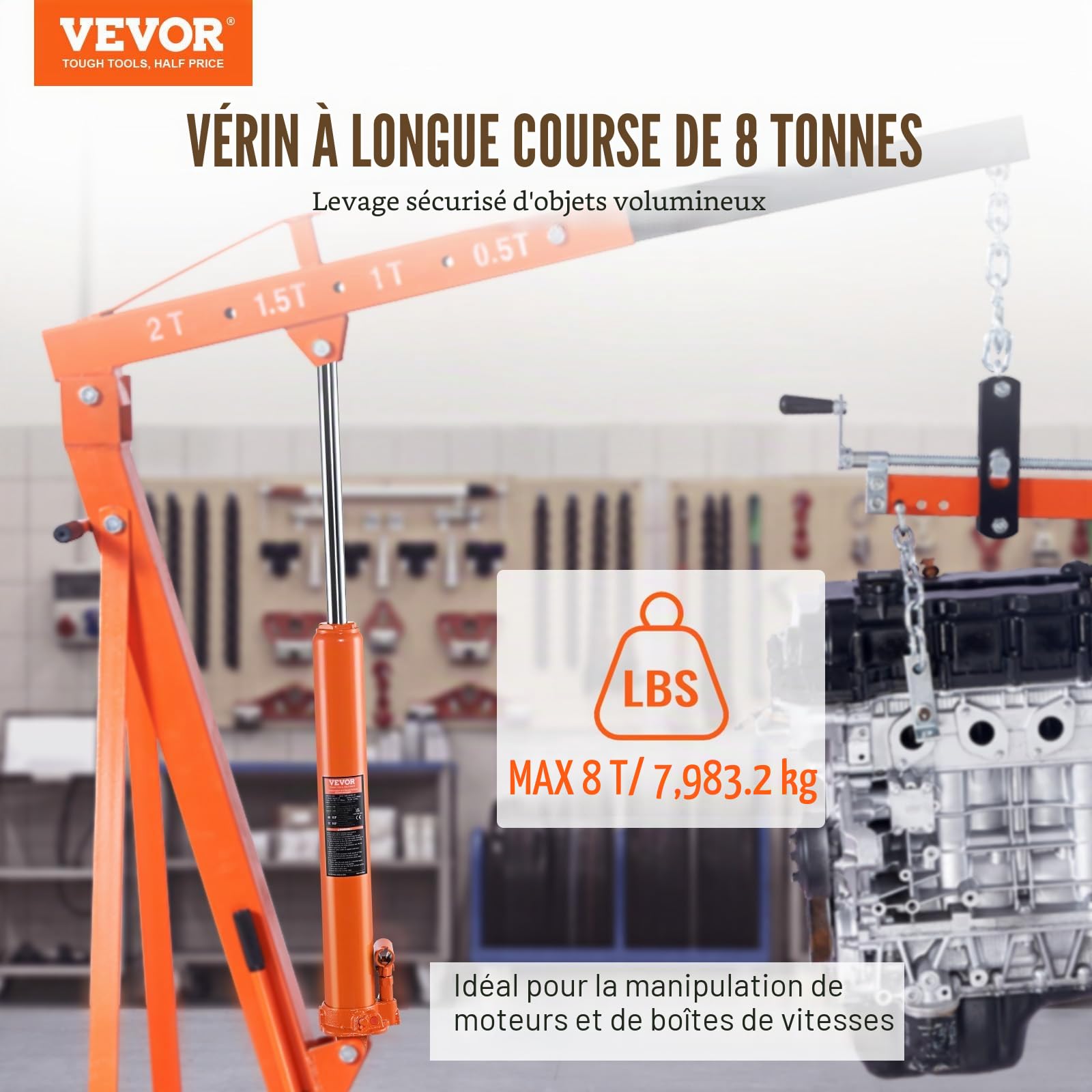VEVOR Cric hydraulique Long Ram, Cylindre de Levage Moteur 8 tonnes avec Pompe à Piston Unique et Base Plate, cric hydraulique de Voiture pour élévateurs à Moteur, Grue de Garage/Magasin, Ferme, etc.