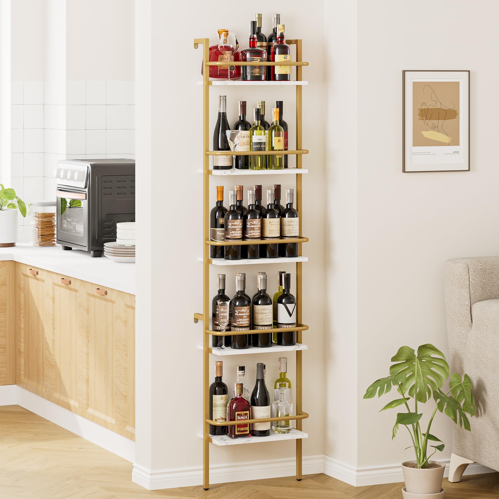 Heakrit 5-Tier Wine Rack Wall Mounted, Wine Racks Freestanding Floor with Fences, 50 Bottles Wine Bottle Holder Liquor Cabinet Bar Shelves for Home,