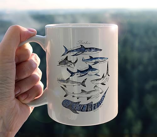 Miniatura 3 de Taza de cerámica con diseño de tiburones en acuarela, océano, mar, 11 onzas, taza de té con leche, con asa, regalos para los amantes de los