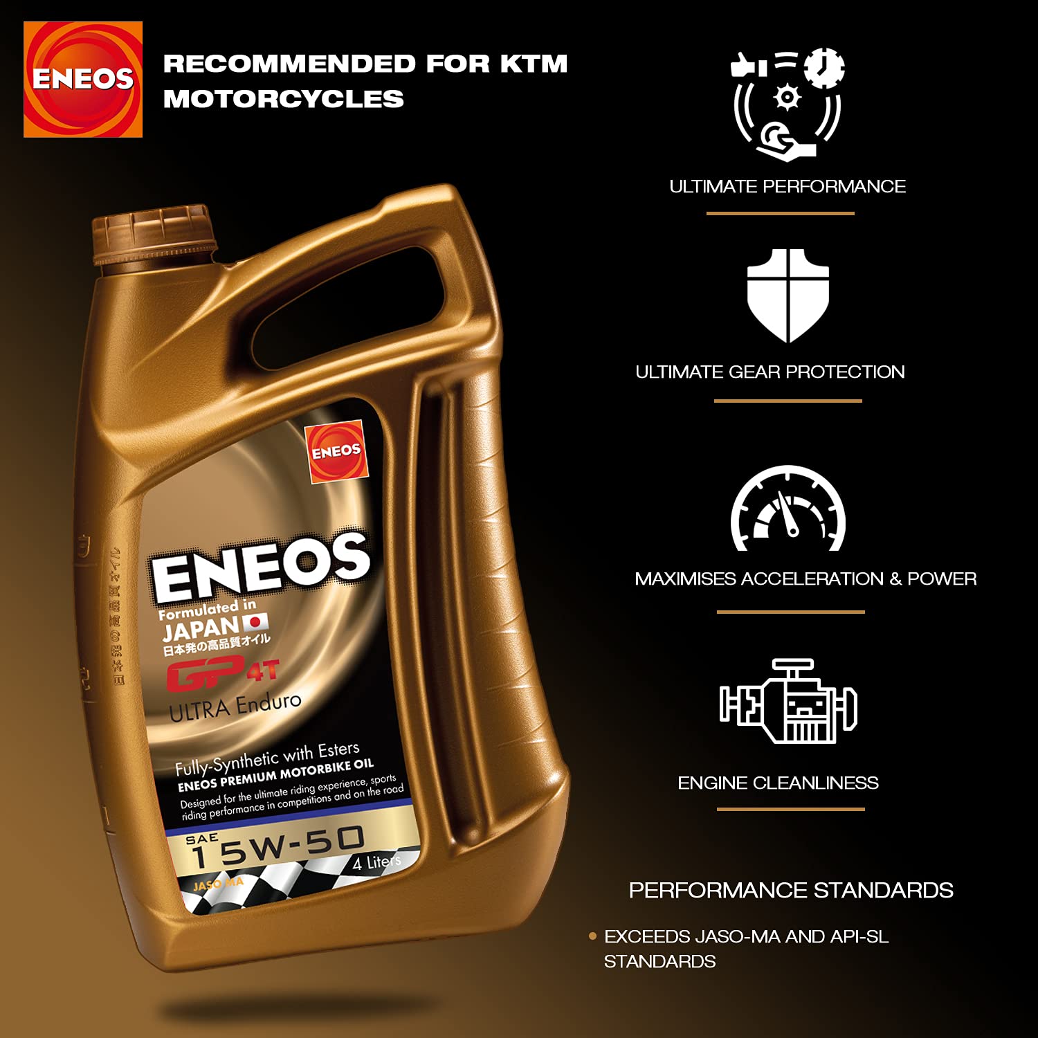 ENEOS 15W50 "GP4T Ultra Enduro" 4L - Aceite de motor de 4 tiempos - Aceite de motor totalmente sintético para motos japonesas - Protección integral del motor - Reducción del consumo de combustible