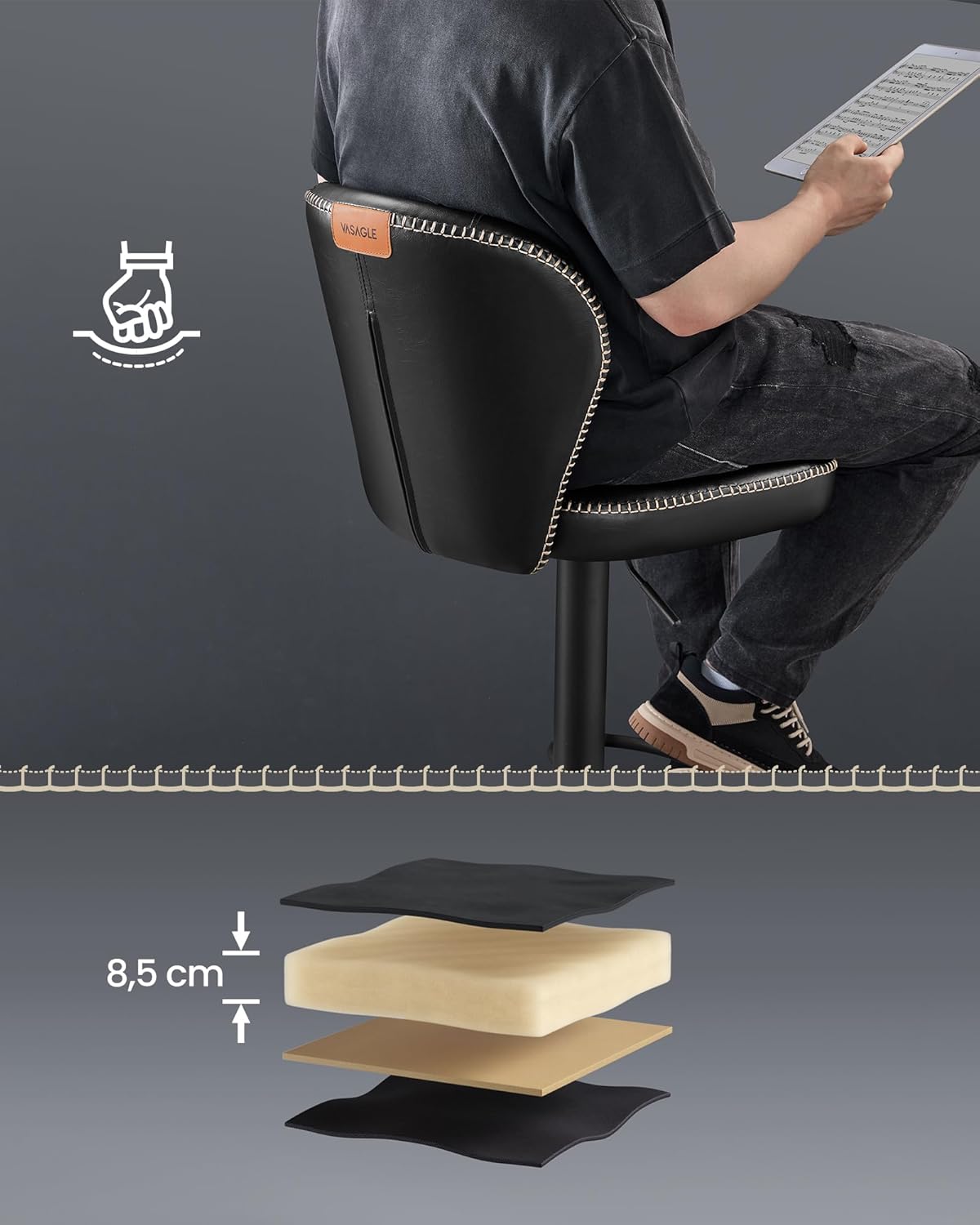 Um corte transversal view of the bar stool seat showing multiple layers of padding, including an 8.5 cm thick layer of highly elastic foam, designed for enhanced comfort.