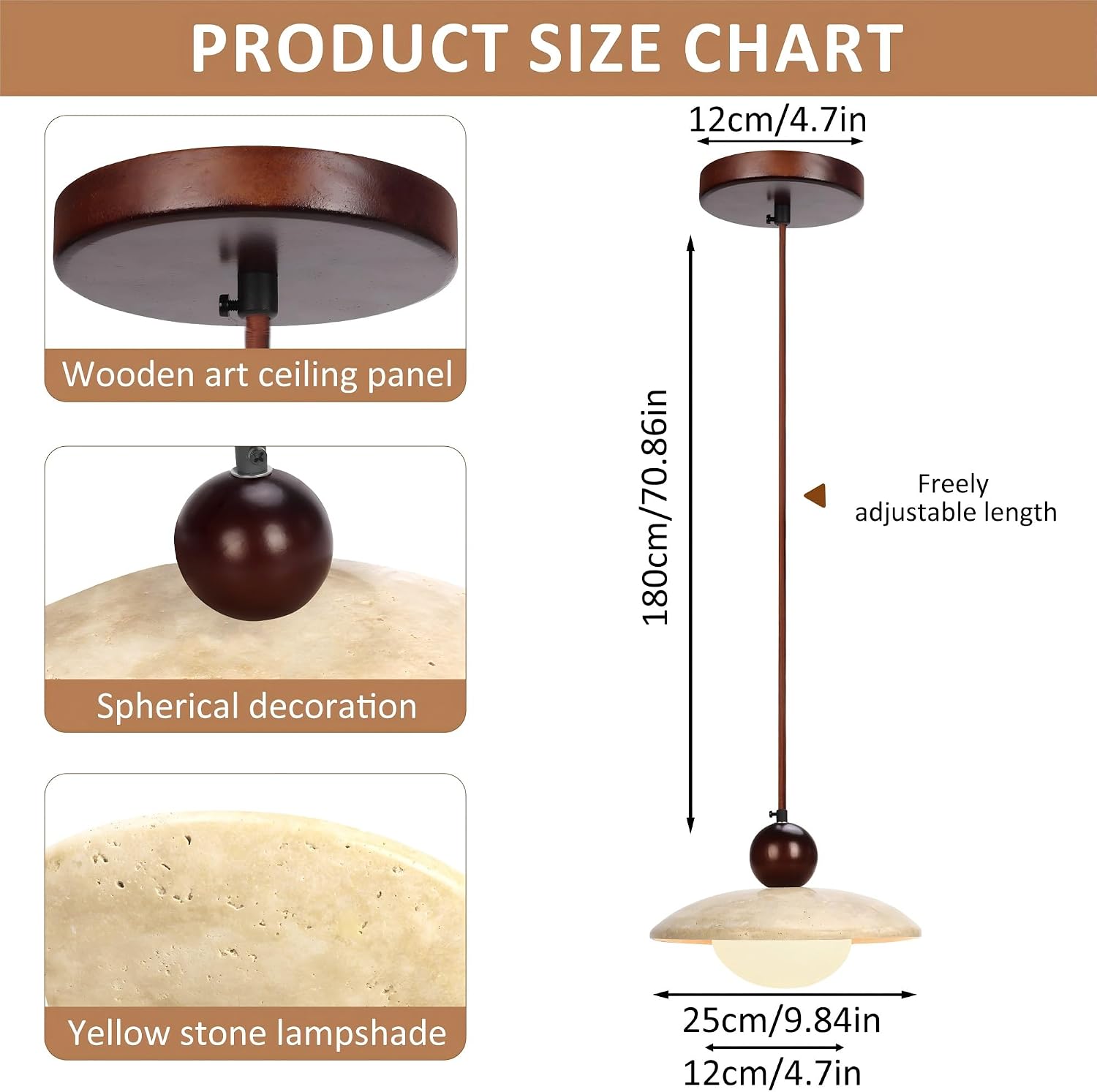 Wabi Sabi Pendant Light,Yellow Travertine Japandi Japanese Minimalist Stone Light Fixture,Adjustable Nordic Hanging Lamp for Kitchen,Bedroom,Vanity Japandi & Japanese Light Fixture(Walnut color)