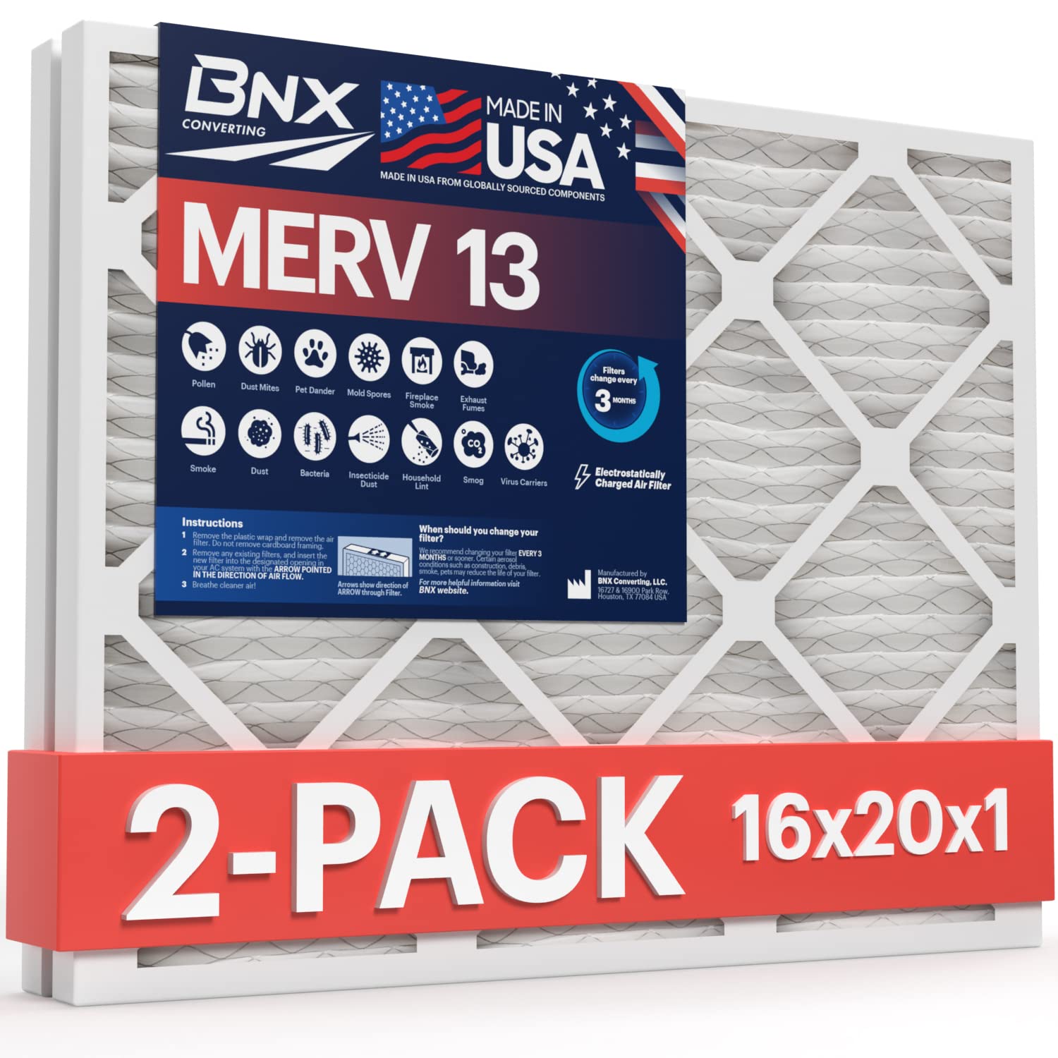 BNX TruFilter 16x20x1 Air Filter MERV 13 AC Filter, HVAC Furnace Filter, 2 Pack (ACTUAL SIZE 15.69"x19.69"x0.75") Allergies, Dust, Pet Dander &amp; Smoke - MADE IN USA - MPR1500 / FPR 10