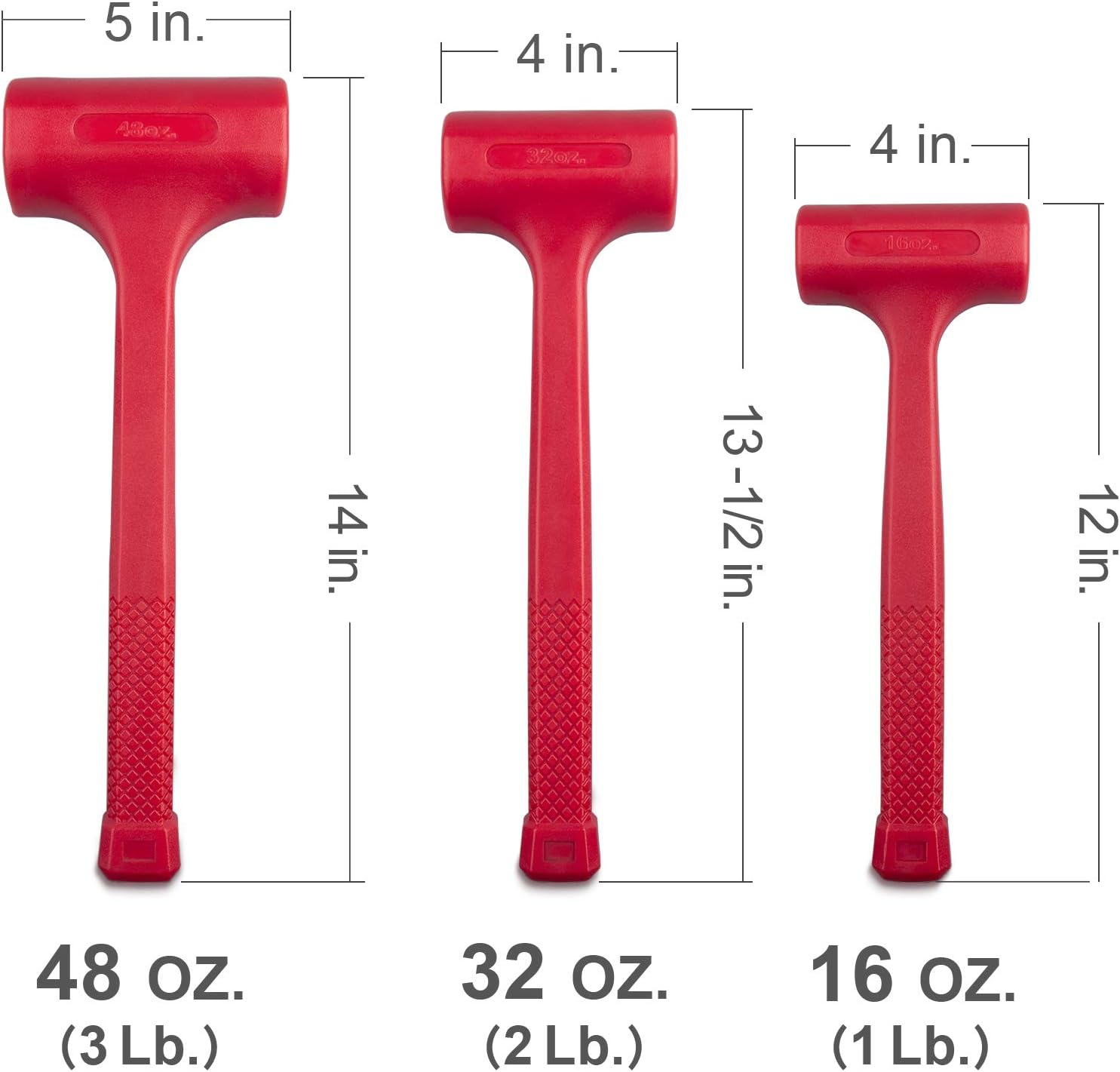 3-Piece Premium Dead Blow Hammer and Unicast Mallet Set - Include 16-oz (1 lb), 32-oz (2 lb) and 48-oz (3 lb), Neon Red Color | Rebound and Spark Resistant Hammers, Non-Marring and Non-Sparking Design