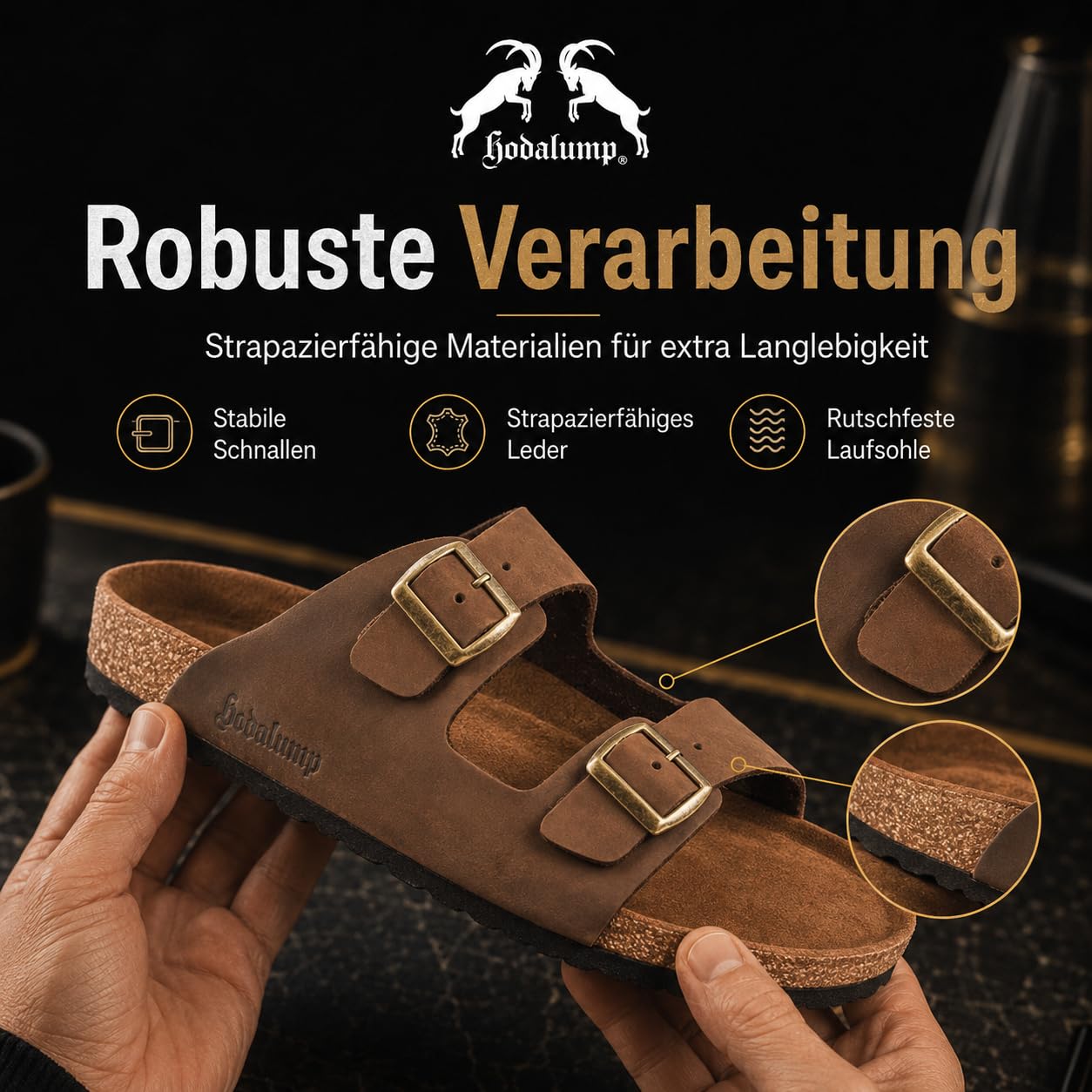 hodalump Sandalen Herren – Hausschuhe/Patschen mit ergonomischer Korksohle – Pantoffeln Rutschfest & bequem, Hauspantoffeln