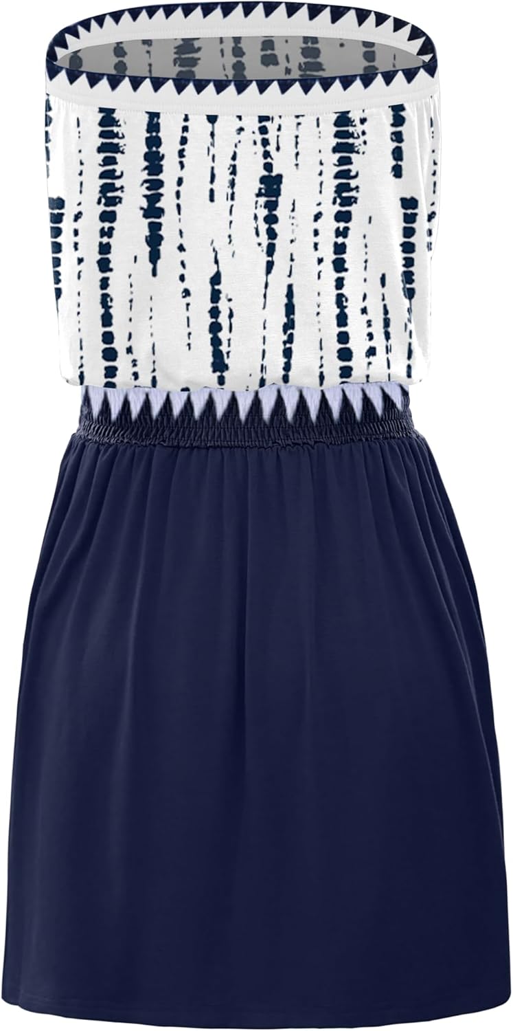 SAUKOLE Summer Dresses for Women Bandeau Strapless Smocked Elastic Waist Sundress Tube Mini Dress with Pockets - Image 5