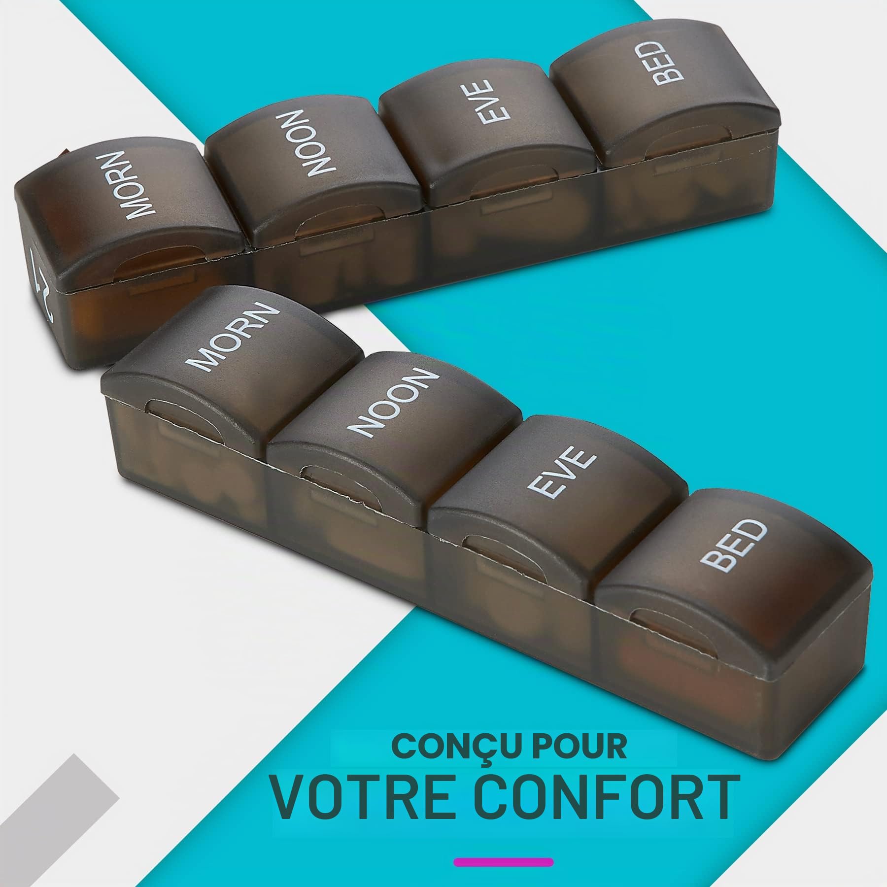 Pilulier mensuel - 4 fois par jour matin-midi-soir-nuit - Grands piluliers quotidiens 32 avec compartiments pour vitamines, suppléments, médicaments - Pilulier mensuel de voyage, noir