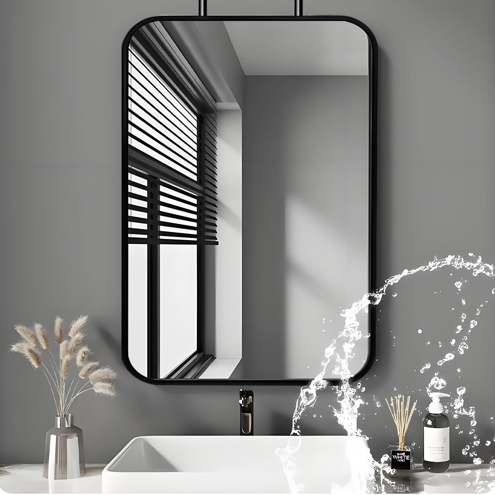 FGXHHS Modern Simple Metal Framed Hanging Mirror, Floating Rod (Customizable Boom), Hallway, Offce Decor Clear and Practical -Black(40cmx70cm)