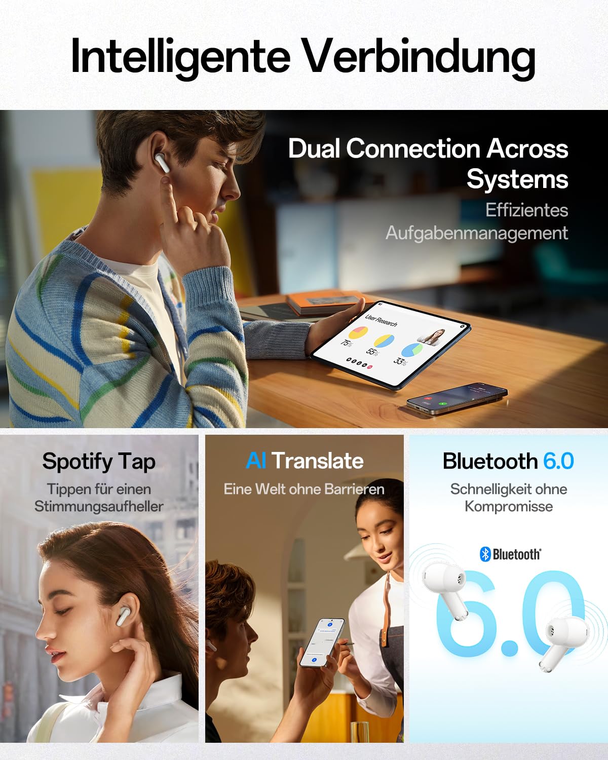 OPPO Enco Air5 Pro True Wireless Earbuds, Bluetooth 6.0 In-Ear Stereo, 55dB Aktive Geräuschunterdrückung, DREI-Mikrofon KI Anrufe, Hi-Res Audio, 54H Spielzeit, Tiefer Bass, IP55, Matte Black