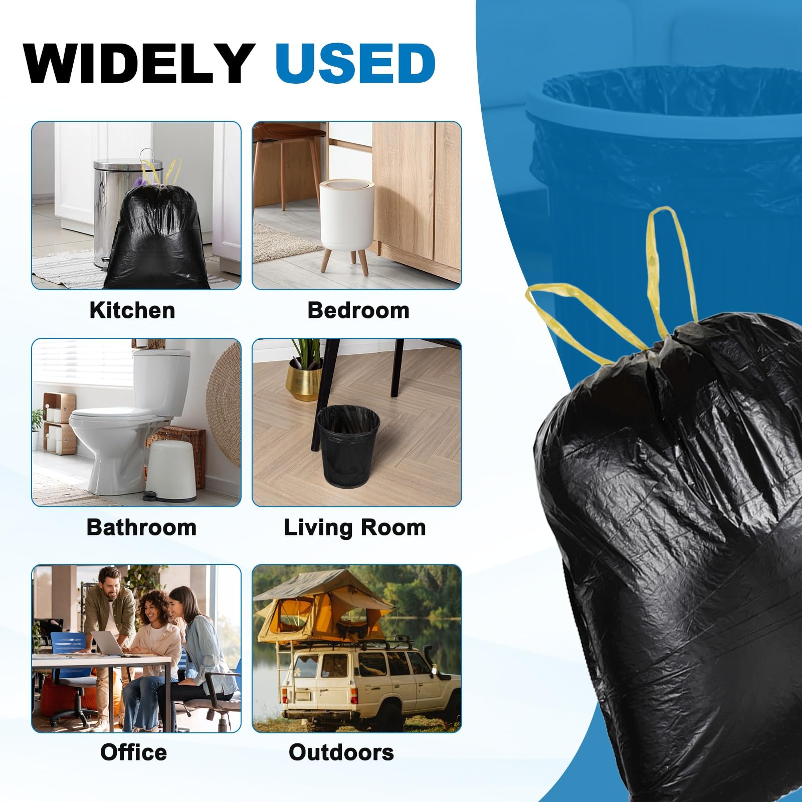 QUARKZMAN 120 Bolsas De Basura Con Cierre De Cordón, 8.7 Galones 24", Bolsas Para Cubo De Basura Sin Aroma Para Hogar Oficina Cocina Sala Dormitorio Coche, Negro