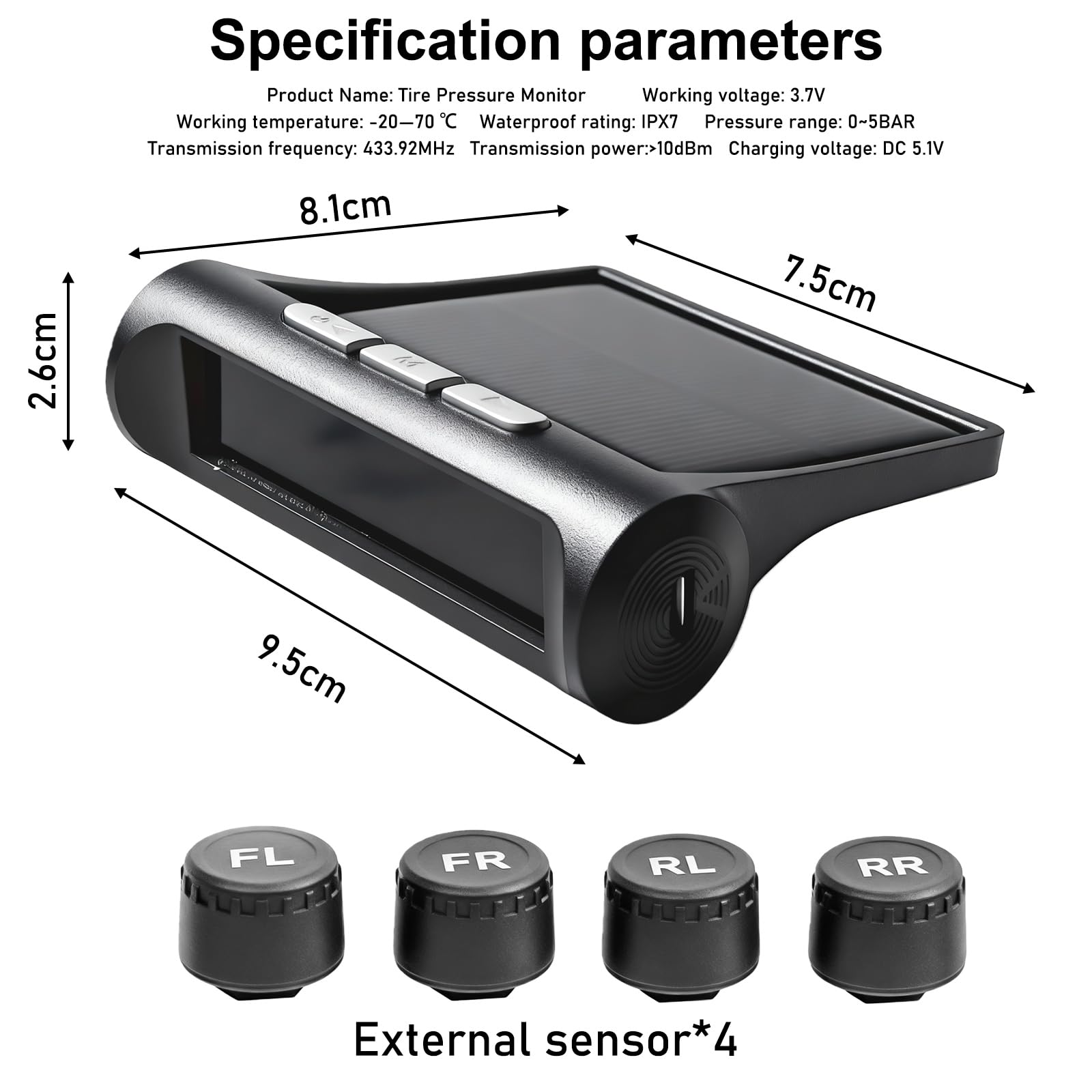 GBKDQQ TPMS Système de contrôle de la pression des pneus avec 4 capteurs externes, alarme de température et de véhicule, système de contrôle de pression des pneus à énergie solaire, affichage