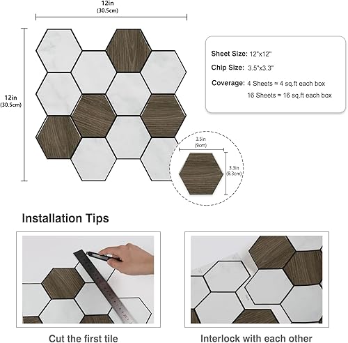 Miniatura 8 de CRE8TIVE 4 hojas de azulejos hexagonales para despegar y pegar contra salpicaduras de 12 x 12 pulgadas para pegar en el muro para cocina,