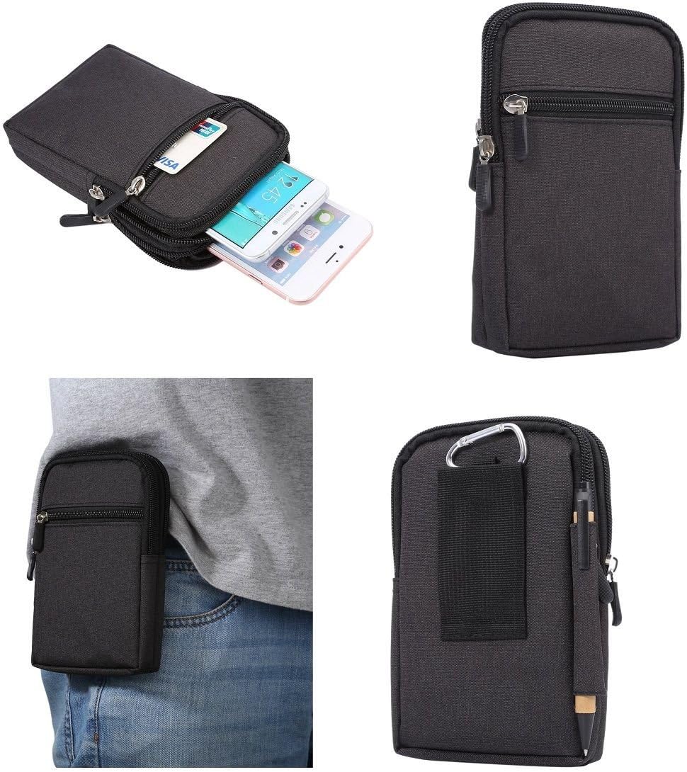 DFV mobile - Universal Multi-functional Vertical Stripes Pouch Bag Case Zipper Closing Carabiner for KARBONN K9 KAVACH 4G V07 DUAL PLUS - Black (17 x 10.5 cm)