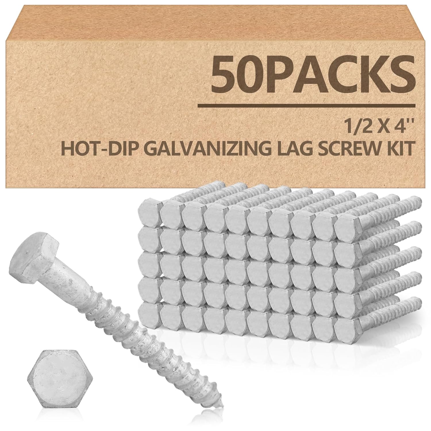 Tandefio 50 Pcs 1/2 x 4'' Lag Screws Bolts Hex Head Hot Dip Galvanized Heavy Duty Wood Lag Bolts Rust Resistant Structural Wood Screws for Timber Fence Decks