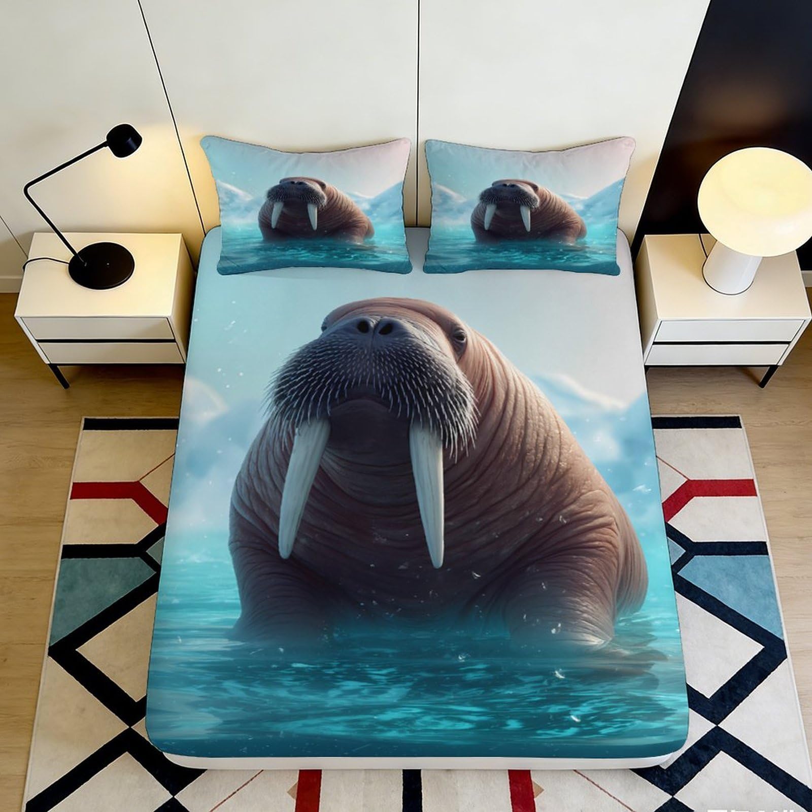 Pnayamiorkfel Style-3 3D Printed Walrus Ocean Fitted Sheet Microfiber Non-Slip Bed Cover Bedroom Decor Machine Washable For Adults Teens 90X200x25cm