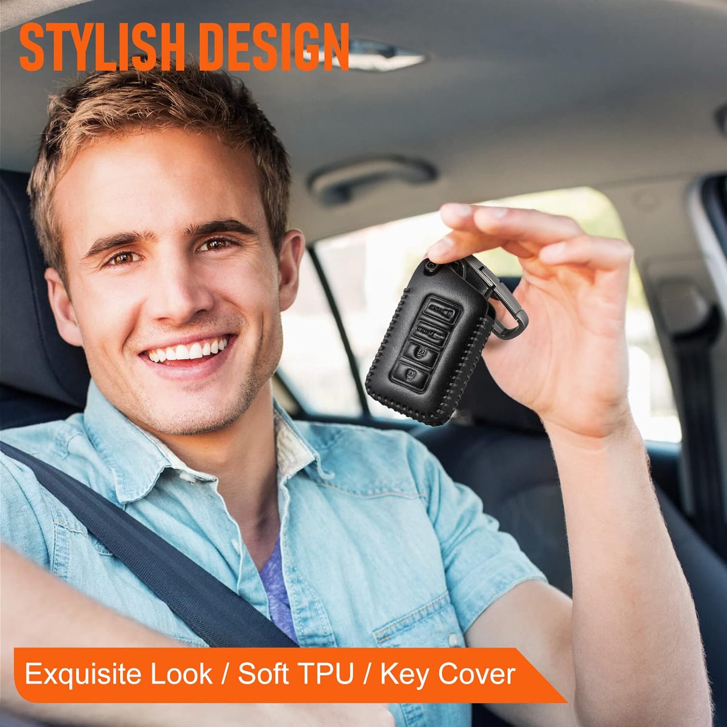 Slohif Leather Key Fob Cover Accessories for Lexus for ES GS LS NX RS GX LX RC LC, Leather Case+D-Ring+Hook(Black)