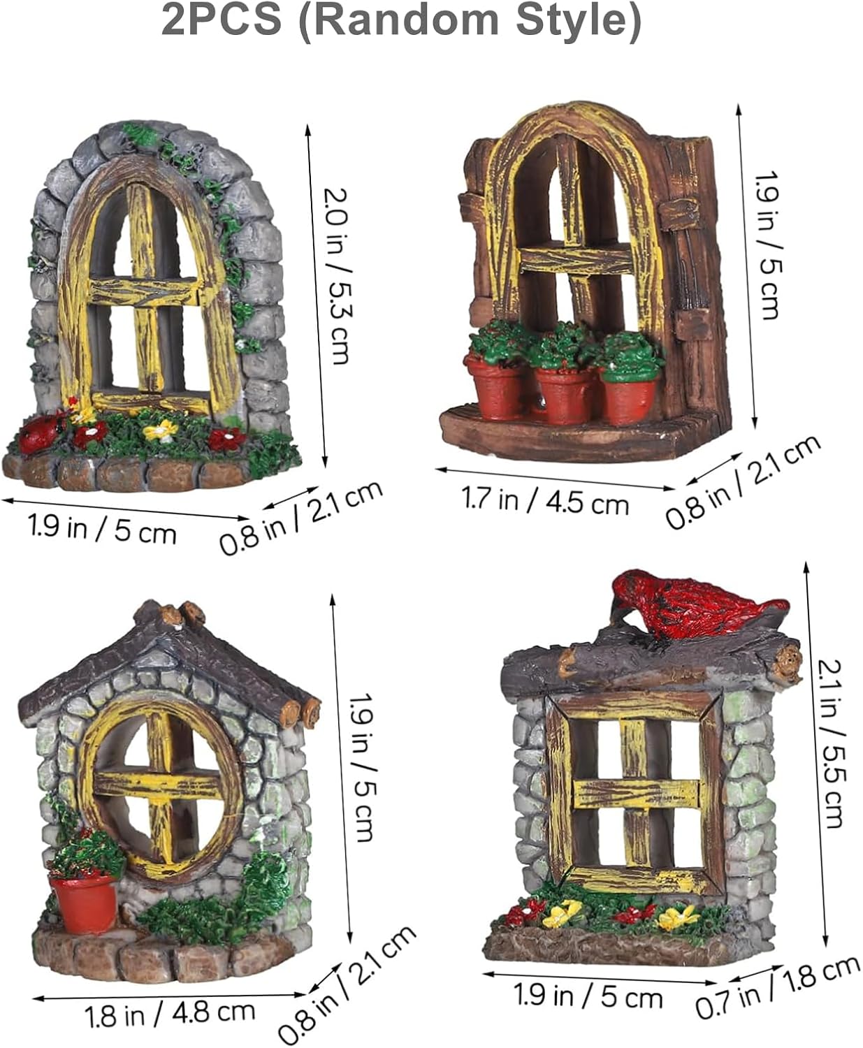 DOITOOL Resin Sculpture, 2 PCS Fairy Garden Door Accessories Miniature Window for Tree, Green with Pink Flower, Indoor/Outdoor Use, Gnome Themed Gift image 3