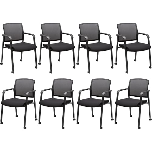CLATINA Rolling Conference Room Chairs Set of 8, Stackable Office Guest Reception Chair with Armrests and Wheels, Mesh Back Waiting Room Stools for Office, School, Lobby, Church, Black