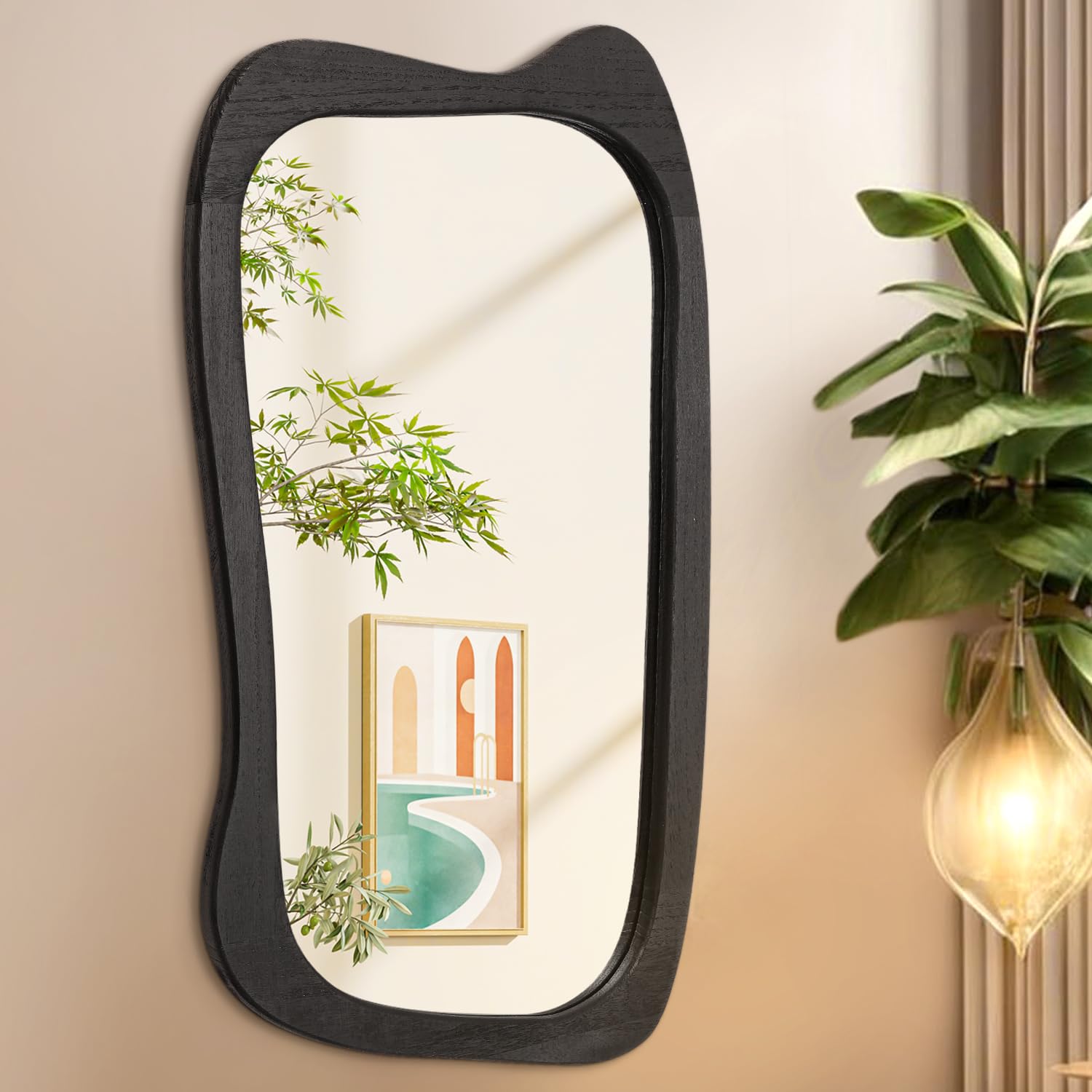 Aazzkang Black Irregular Wall Mirror With Wood Framed Large 80X50cm Modern Asymmetrical Hanging Mirrors For Bathroom Bedroom Living Room Entryway Home Decor