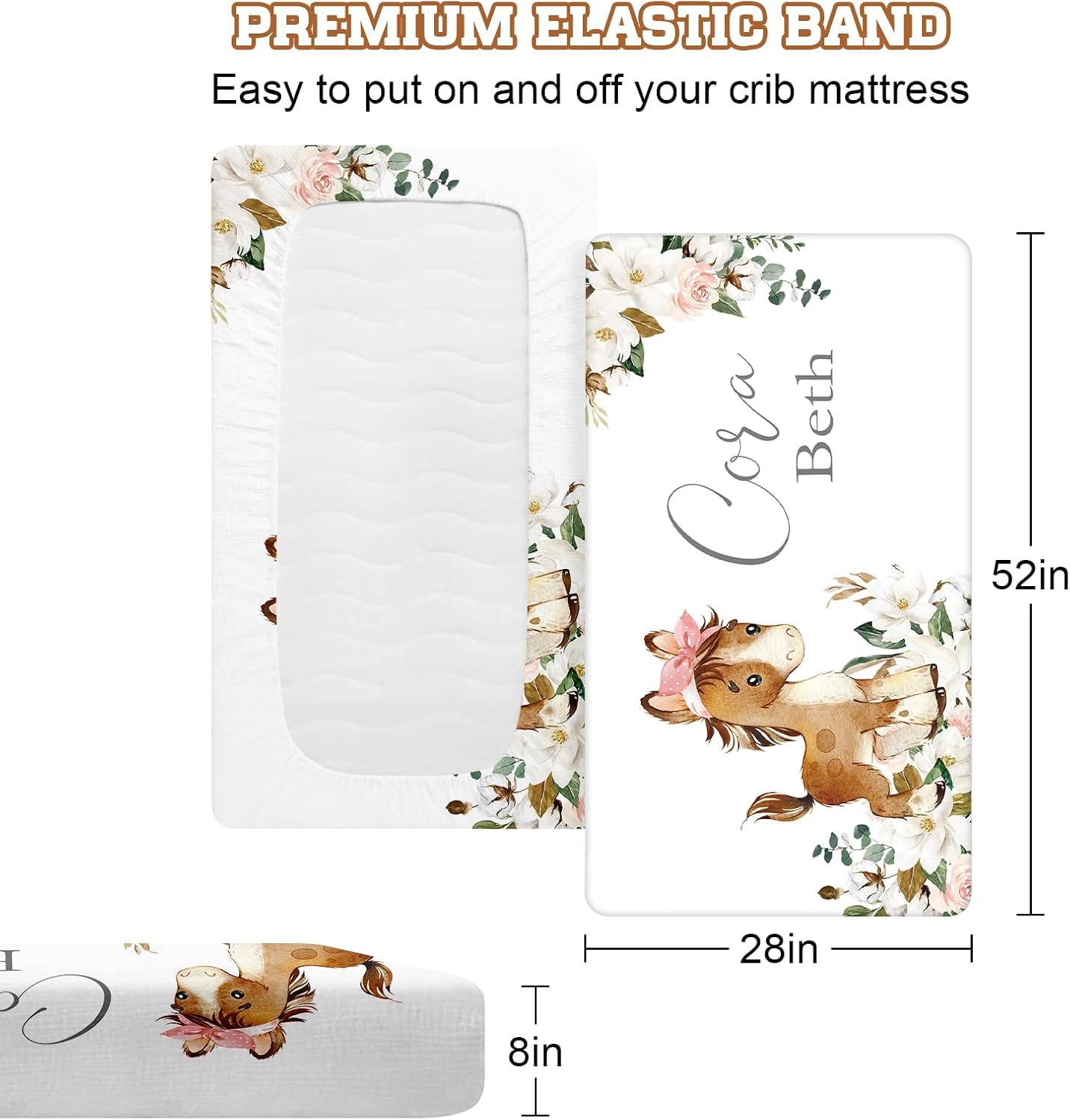 KAINSY Personalized 2 Piece Fitted Crib Bedding Sheet with Name, Crib Mattress Sheets for Baby Boys Girls, Mini Nursery Little Horse Crib Sheet Gifts for 0-3 Years Infant Baby