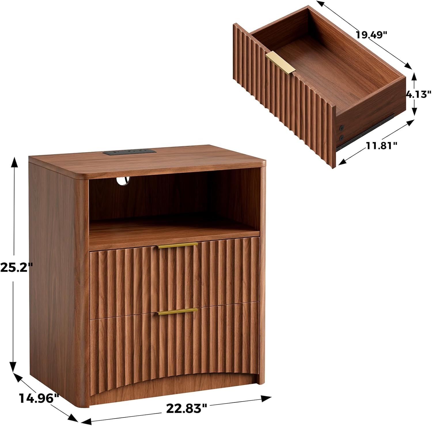 Evermagin Fluted Nightstand Set of 2 with Charging Station, Walnut Bedside Table with 2 Drawers, Wood End Table with Storage Mid Century Modern, Large Night Stand for Bedroom