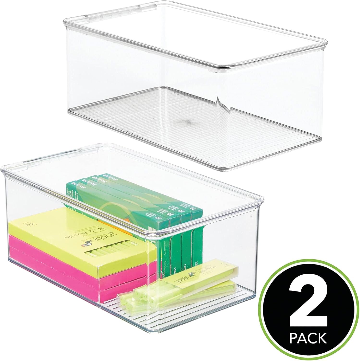 mDesign Plastic Stackable Box for Home, Office Supplies Storage Organizer with Attached Hinged Lid - Holder Container Bin for Note Pads, Gel Pens, Staples, Dry Erase Markers, 5" High 2 Pack - Clear : Office Products