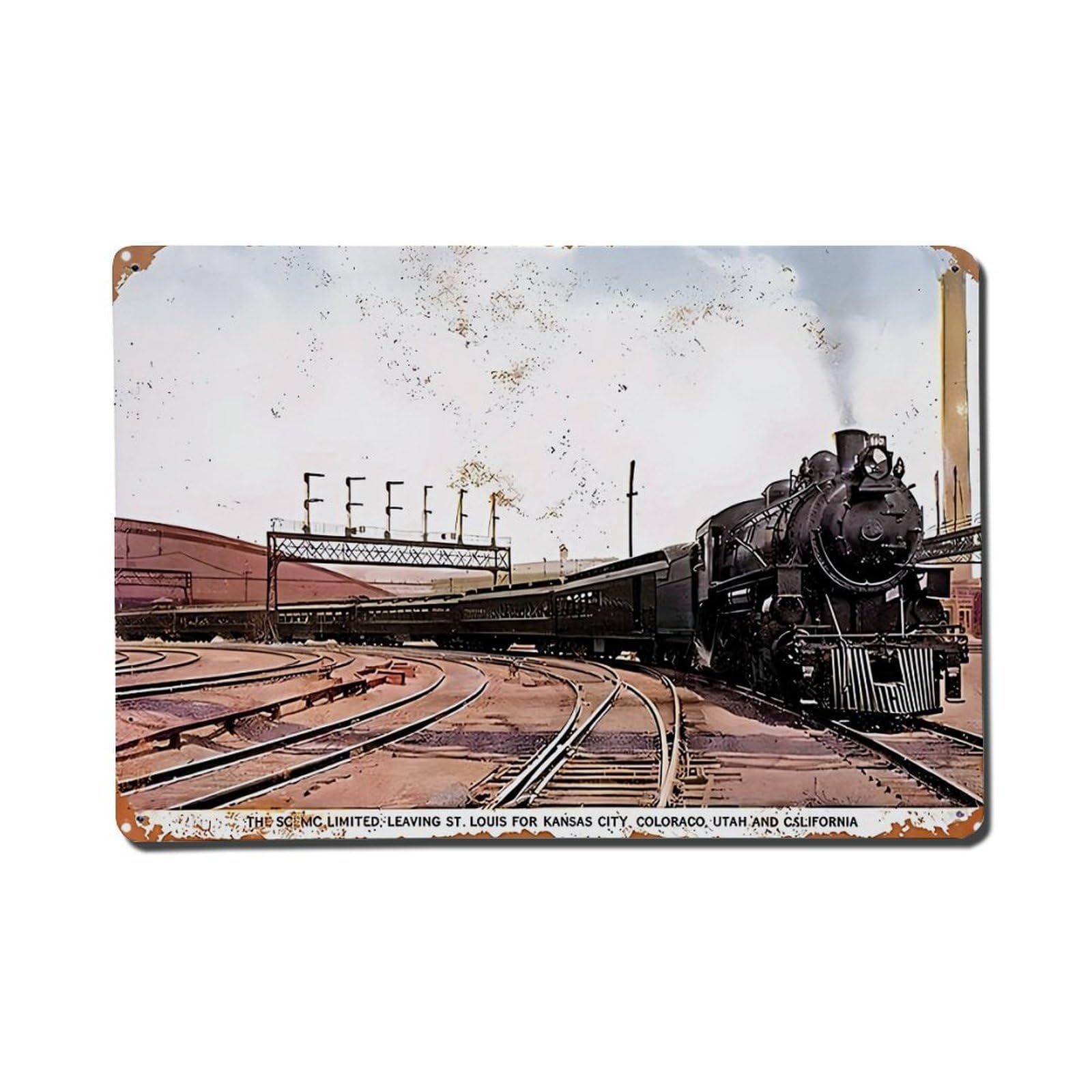 Vintage Train Station Scene Print Vintage Tin Sign Retro Metal Wall Decor Metal Poster, Home Bar Garage Farmhouse Cafe Wall Art Decoration 8x12Inches