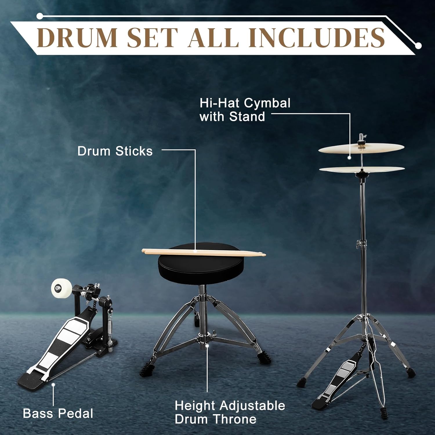 Ktaxon 22 Inch Adult Drum Set, 5-Piece Full-Size Drums Kit with Cymbal Stands, Hi-hat Stand, Sticks, Drum Pedal, Stool & Floor Tom for Beginner Teens Student (Champagne)