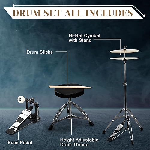 Vista 45 de Ktaxon Juego de batería para adultos de 22 pulgadas, kit de 5 piezas de tamaño completo con soportes de platillo, soporte de sombrero, palos, pedal