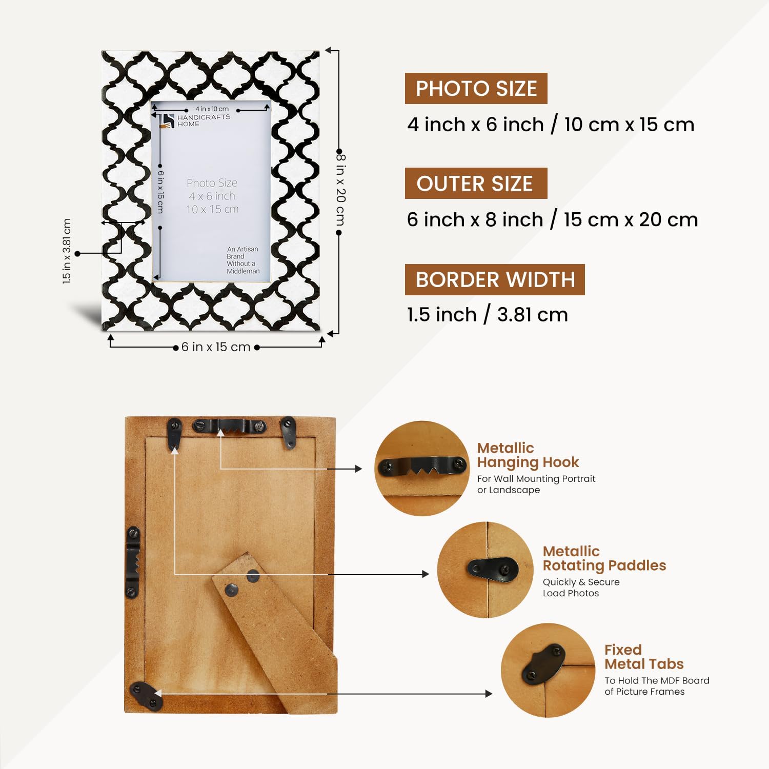 Handicrafts Home Handmade Decorative 4x6 Picture Frame | Unique Boho Chic Home Decor | Moroccan Art Inspired Photo Frame for Wall & Tabletop, Colorful Frames for Living Room, Office Decor & Gift