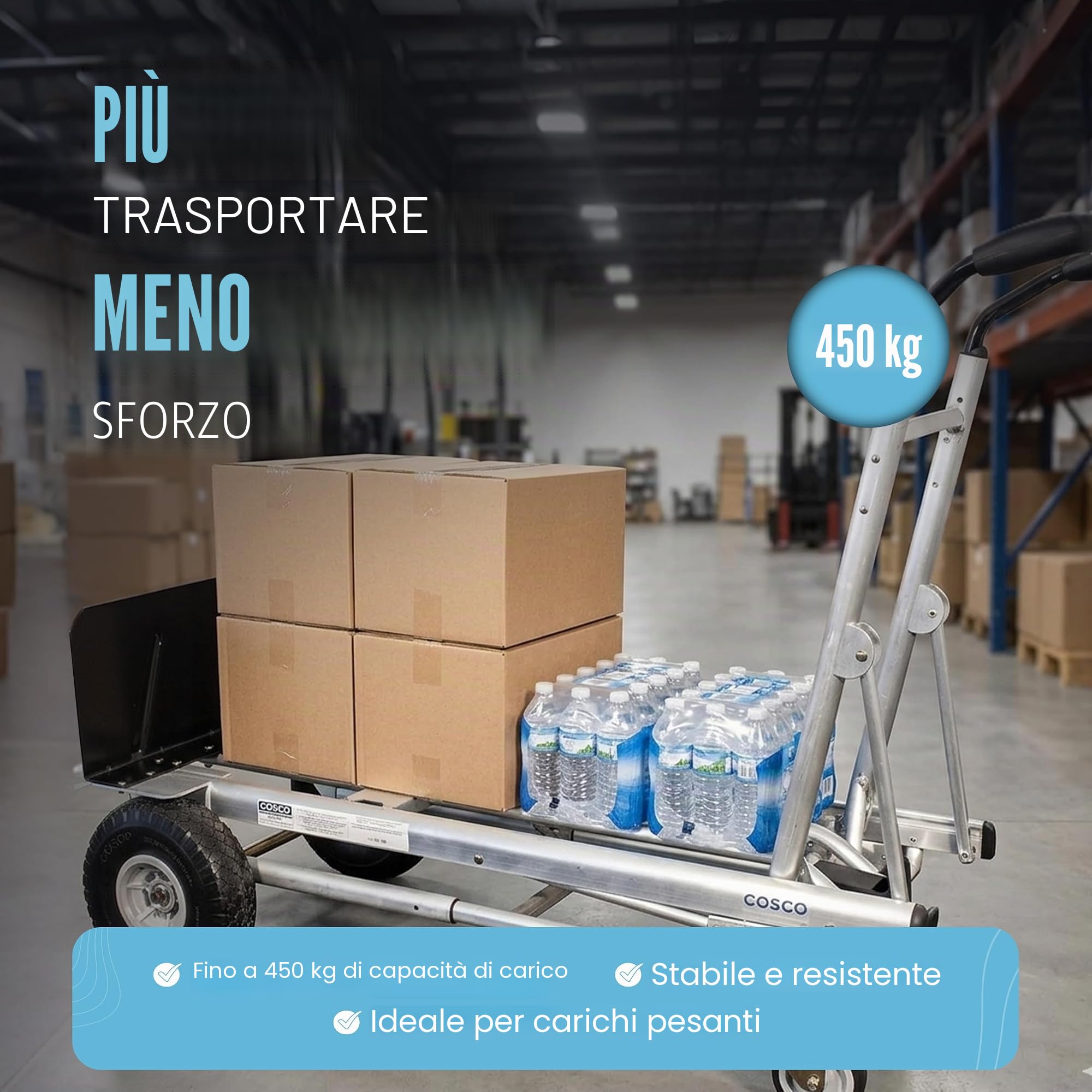 Carrello Jumbo 3 in 1, in alluminio, portata fino a 450 kg, ruote grandi, manico ergonomico, trasportabile, carriola a mano, Cosco, multifunzione,