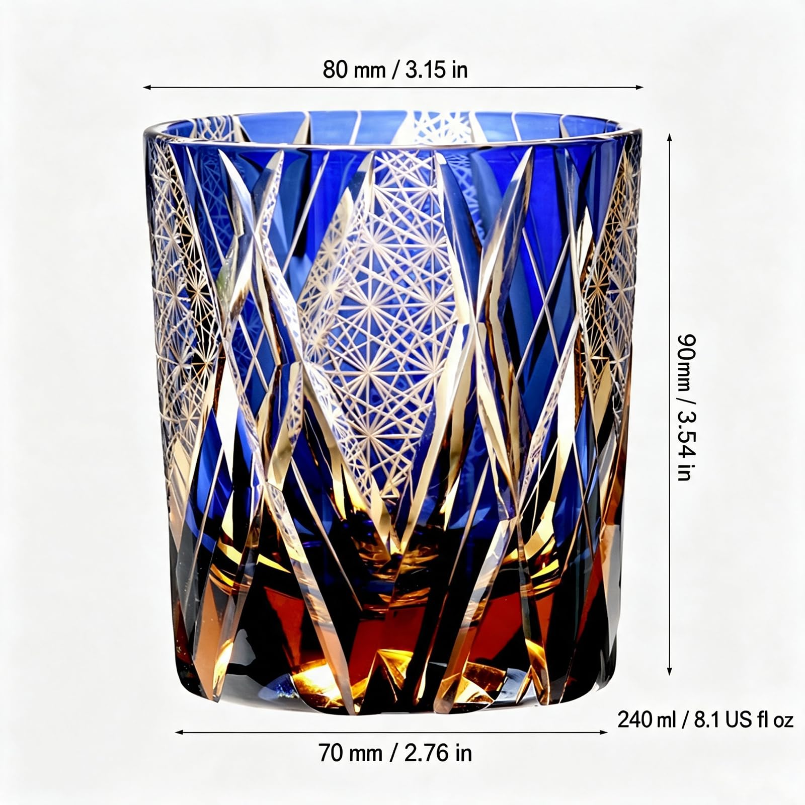 Bicchiere Whisky Cristallo Bicolore Inciso Mano Base Pesante Old Fashion Riflessi Luminosi Regalo Amanti Whisky Padre Compleanno Natale Casa Nuova Regalo,Amber blue