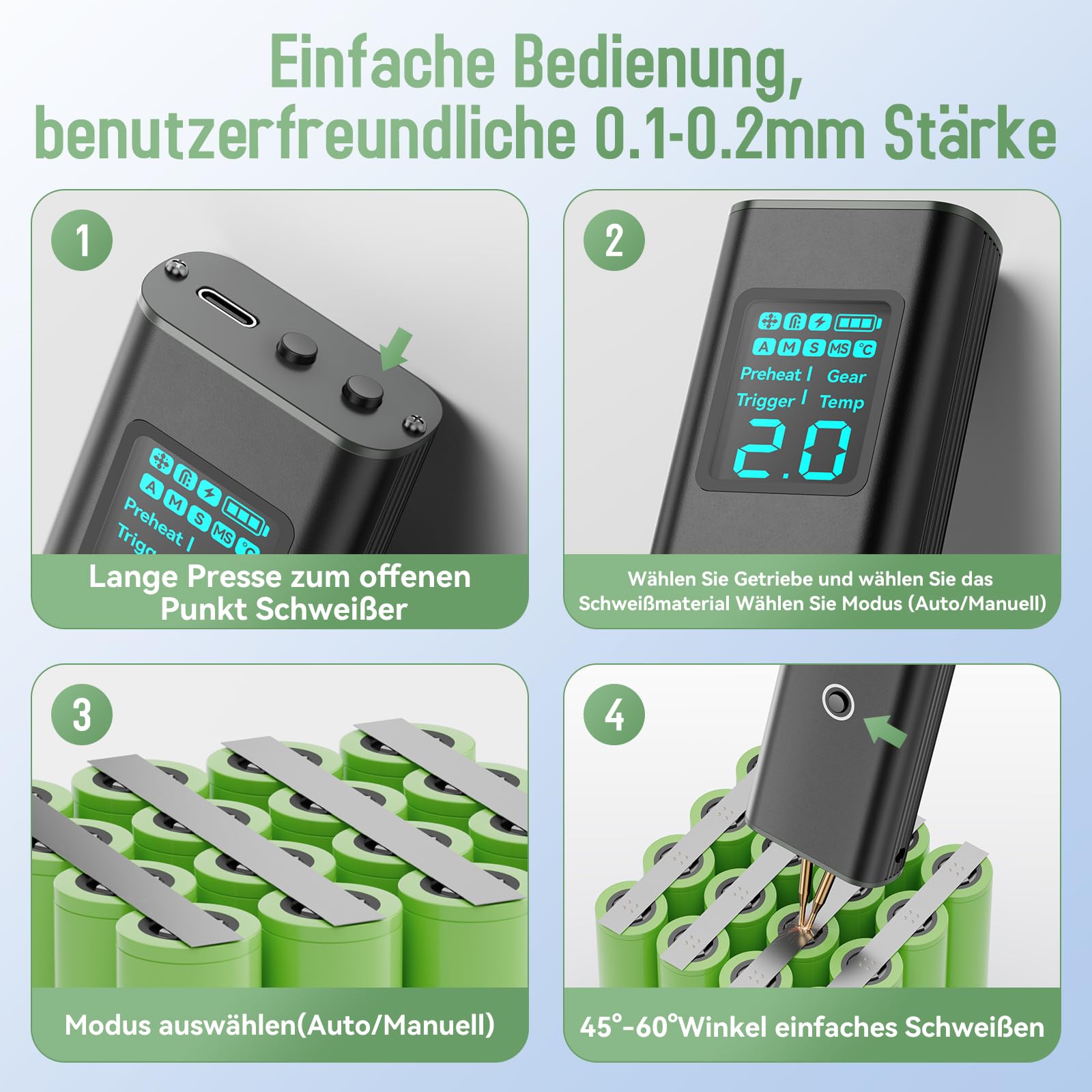 Akku-Punktschweißgerät, AWgem 99-Gang Einstellbares Hand-Punktschweißgerät, Kleines Punktschweißgerät mit LCD-Anzeige, tragbarer Punktschweißer mit Automatischem und Manuellem Modus für 18650-Akku