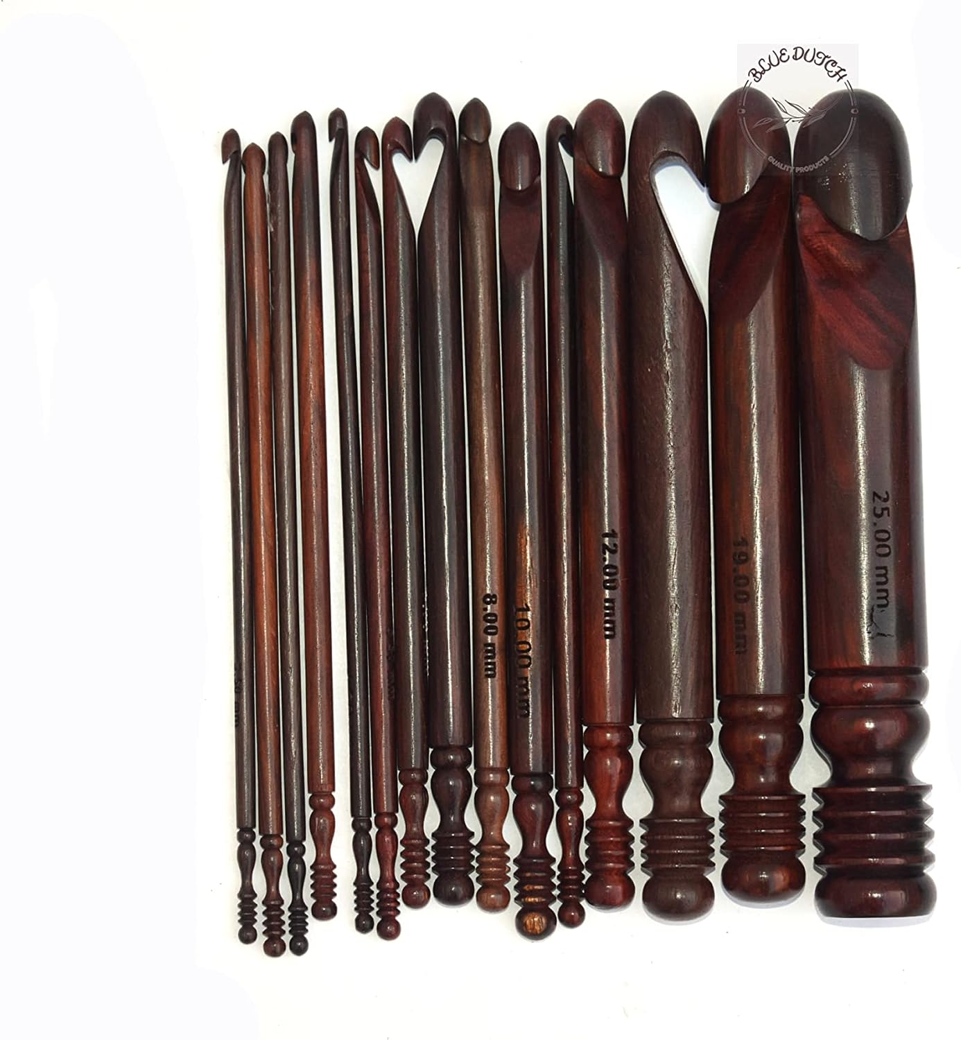 BLUE DUTCH ARTS Rosewood Crochet Set of 15 Hooks Crochet Hooks Ergonomic Soft Grip 3.5 MM to 25 MM, Wooden Crochet Hooks for Knitting Size Engraved